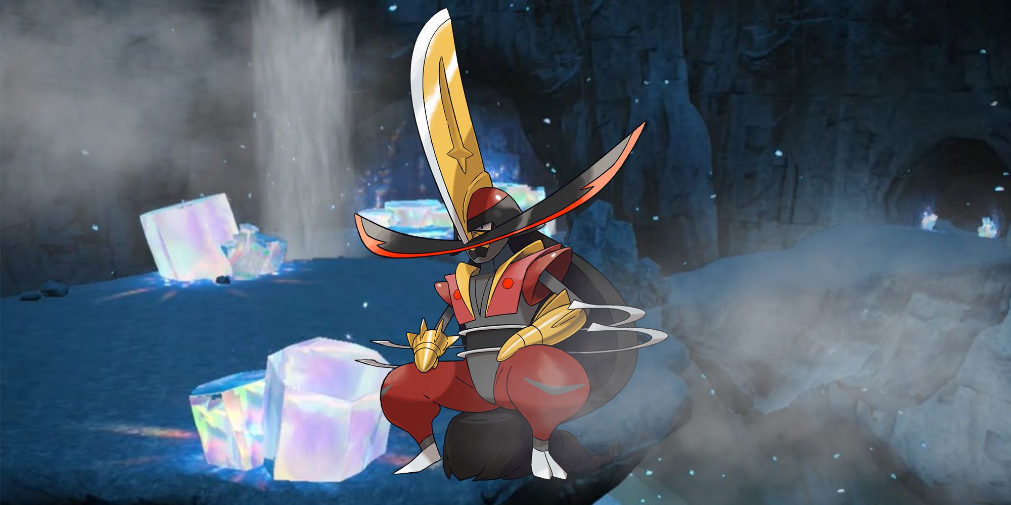 Pokemon: Kingambit standing in a crystal covered cave in the great crater of Paldea