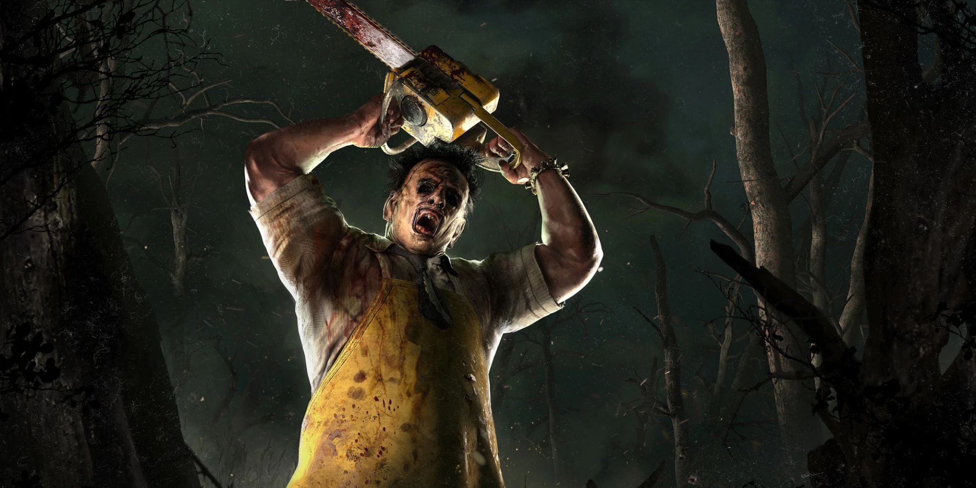 Leatherface in Dead by Daylight holding a chainsaw above his head