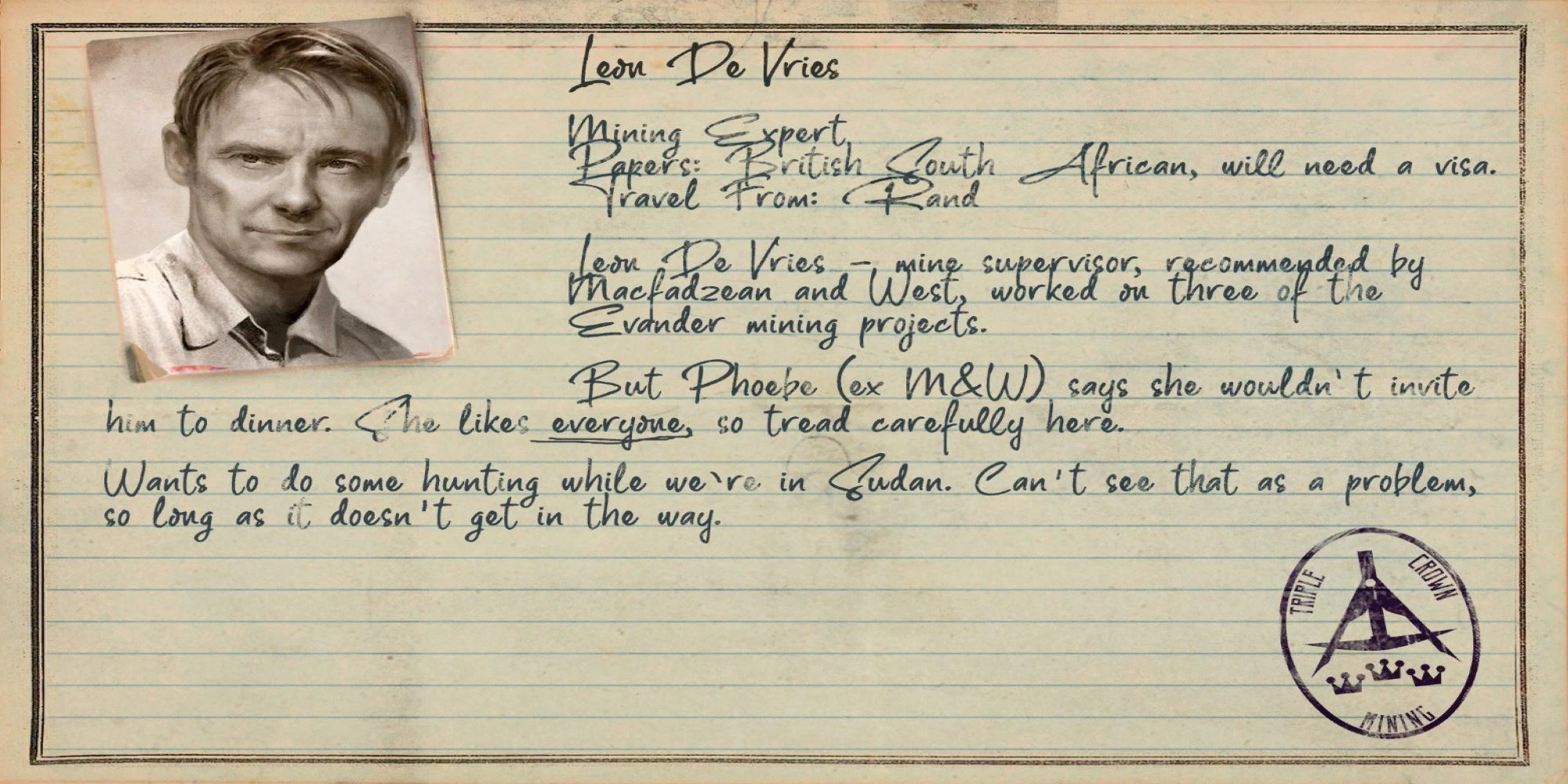 A screenshot of a dossier entry for Leon de Vries showing key information in Amnesia: Rebirth