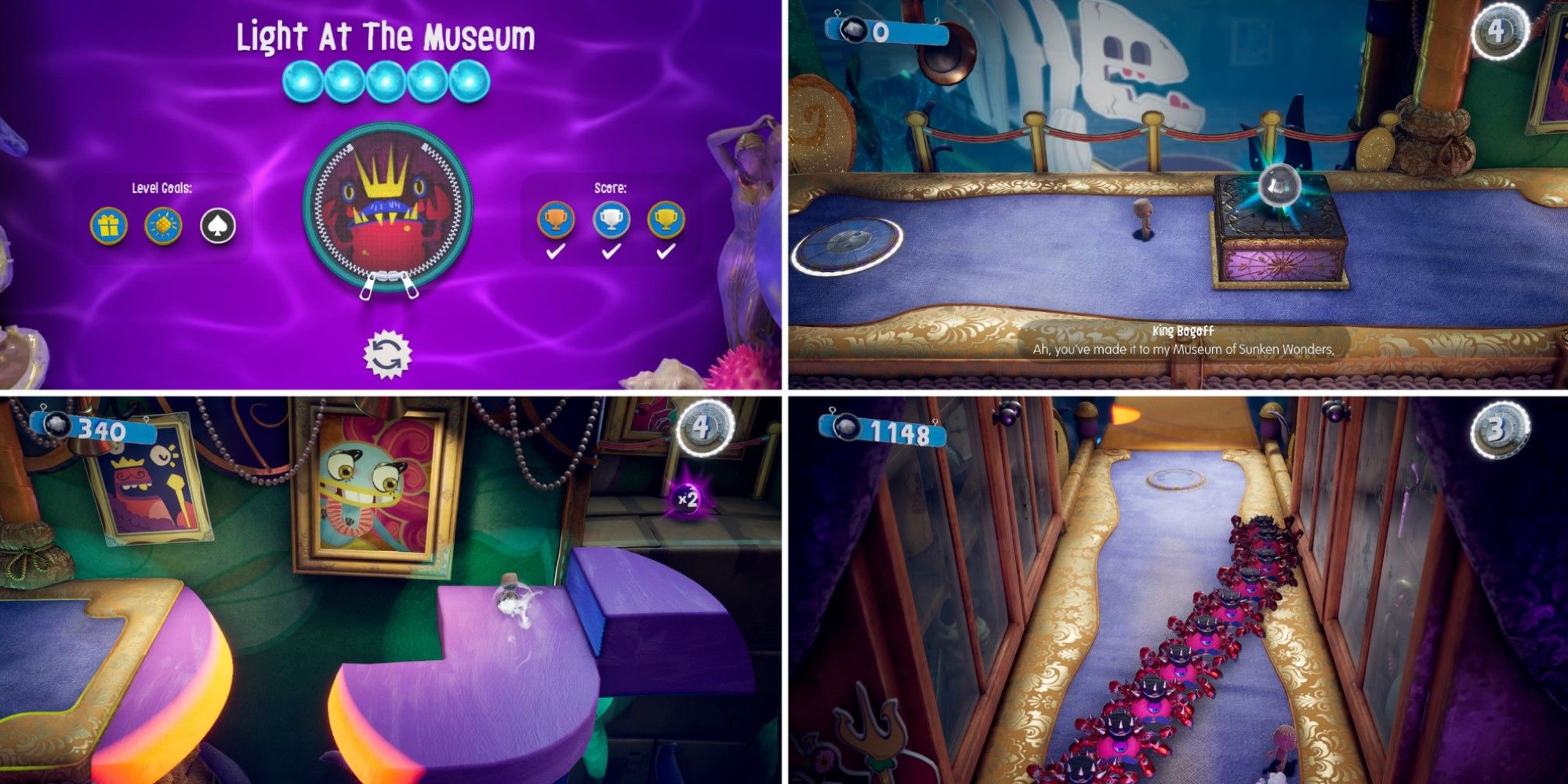Four screenshots from the level Light At The Museum in Sackboy: A Big Adventure.