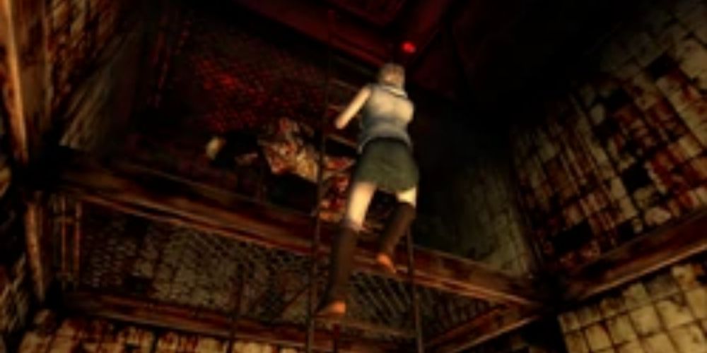 Heather Mason walking up the ladder with Lisa Garland trapped in Silent Hill 3.