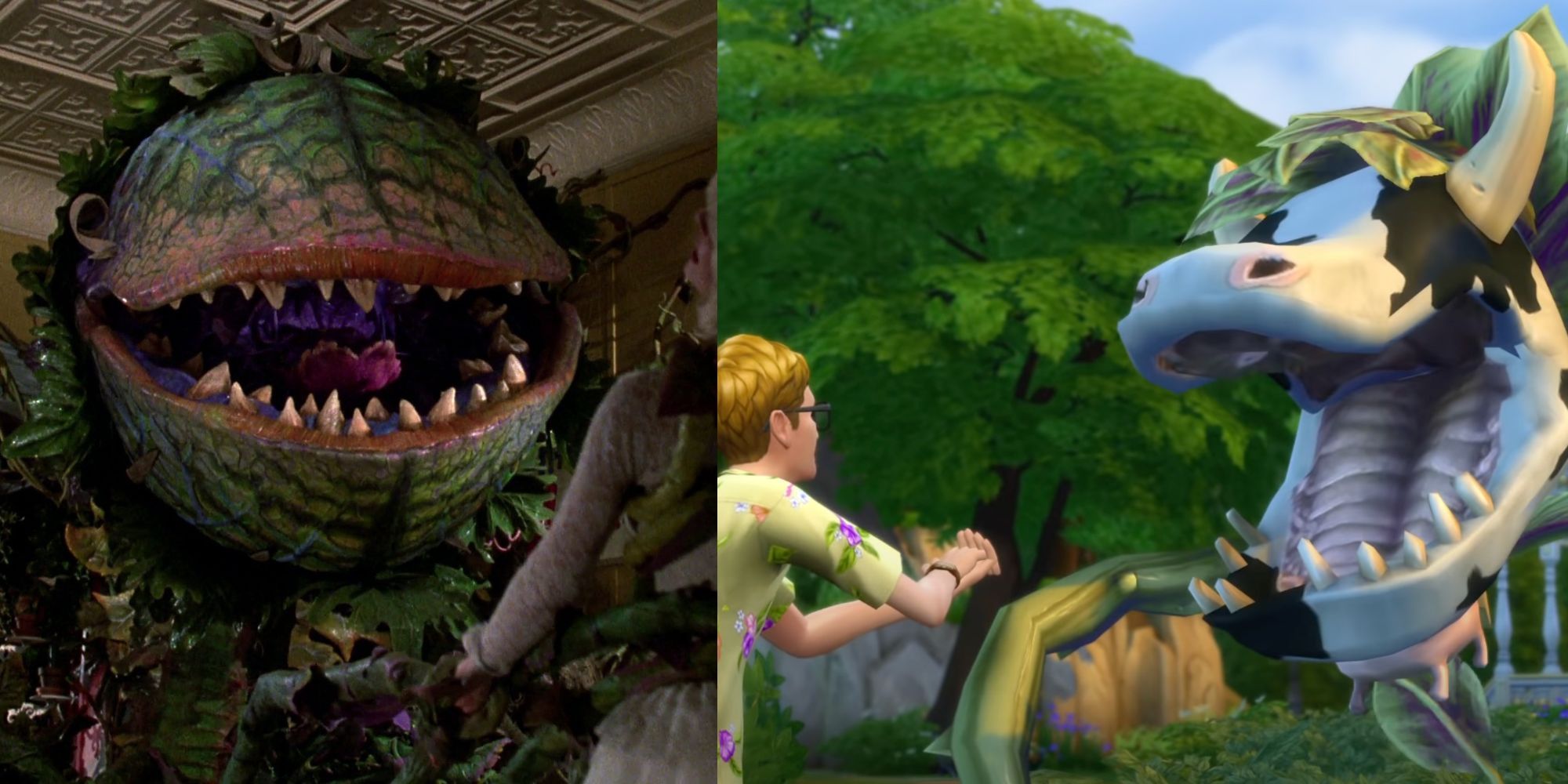 Scene from Little Shop of Horrors and The Sims 4 Cowplant