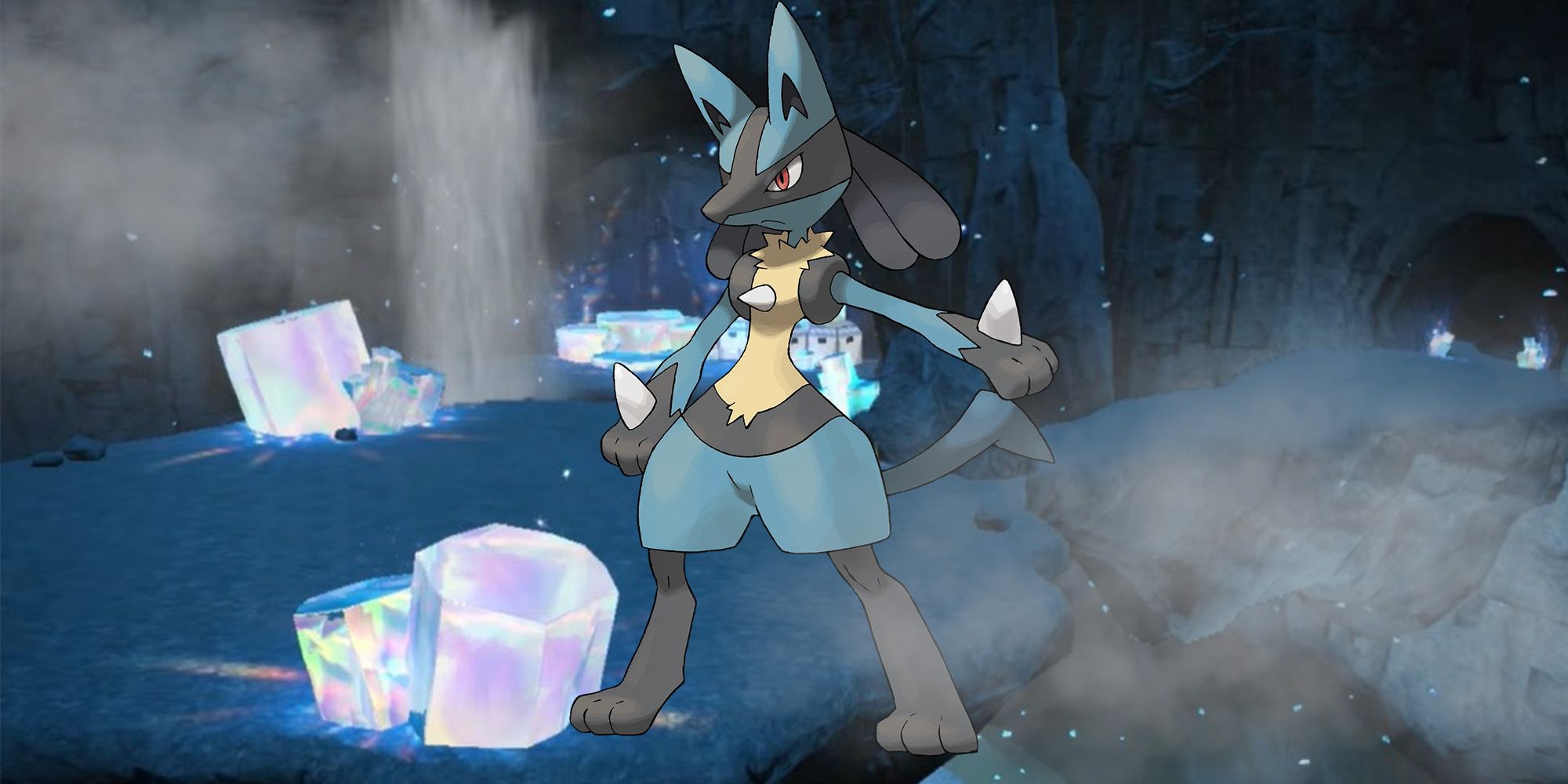 Pokemon: Lucario standing in the crystal covered cave in the great crater of Paldea