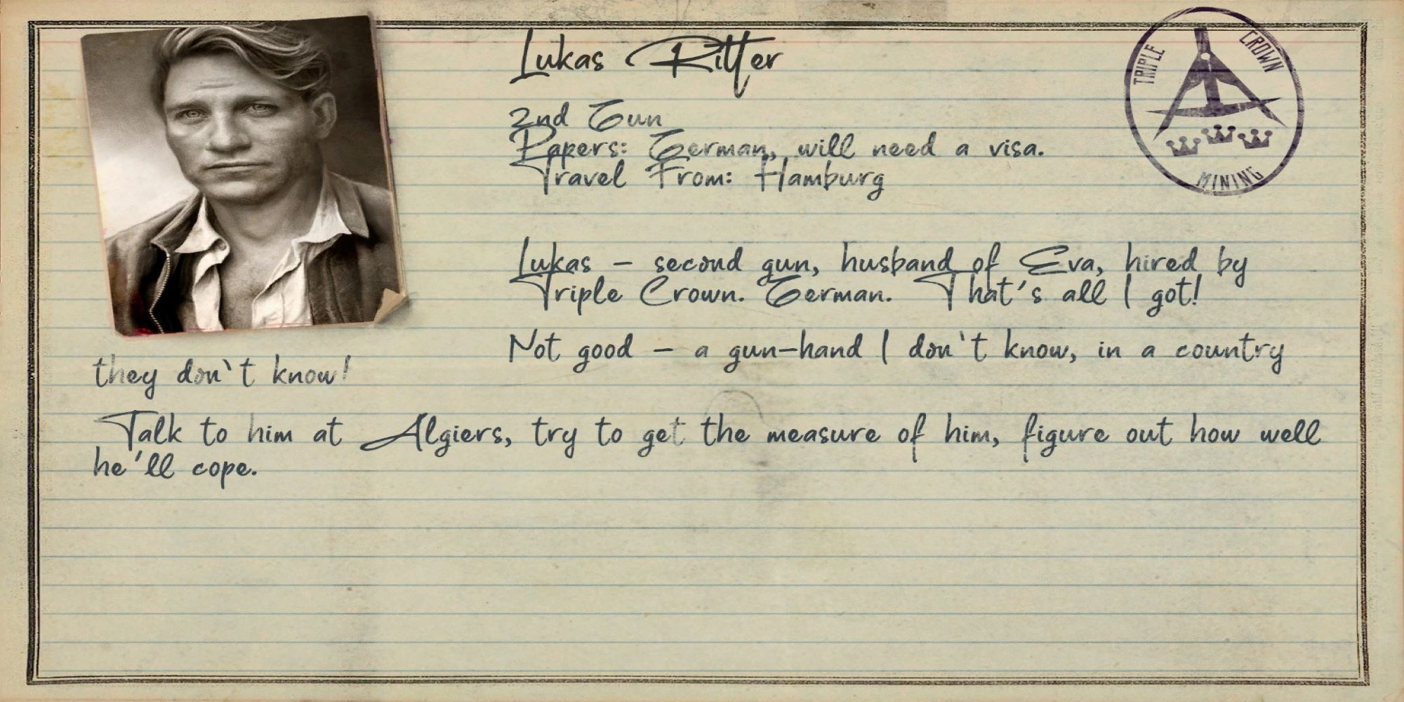 A screenshot of a dossier entry for Lukas Ritter showing key information in Amnesia: Rebirth