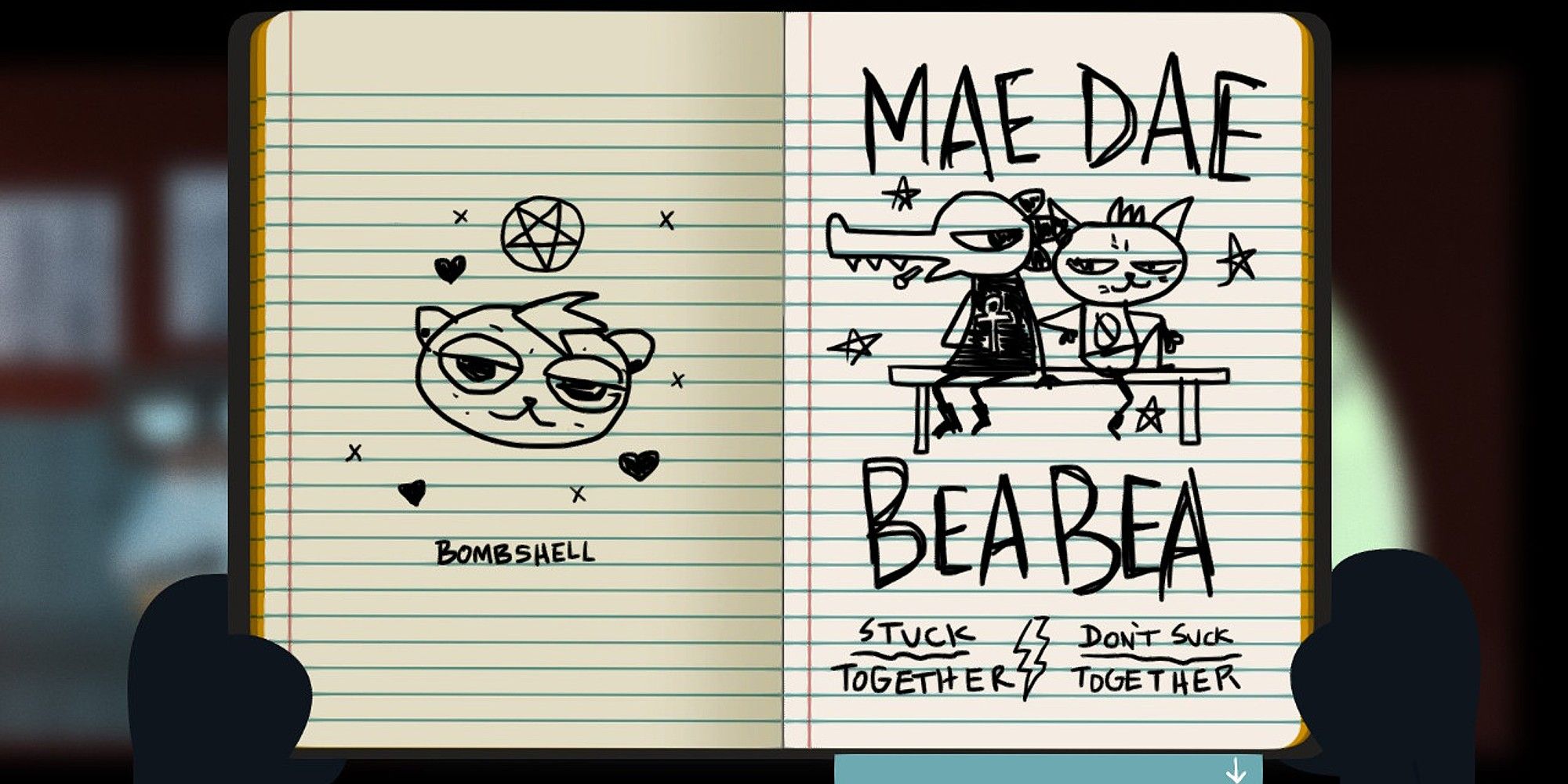Drawings in Mae's journal, depicting her and Bea as well as the girl she met at the college party in Night in the Woods