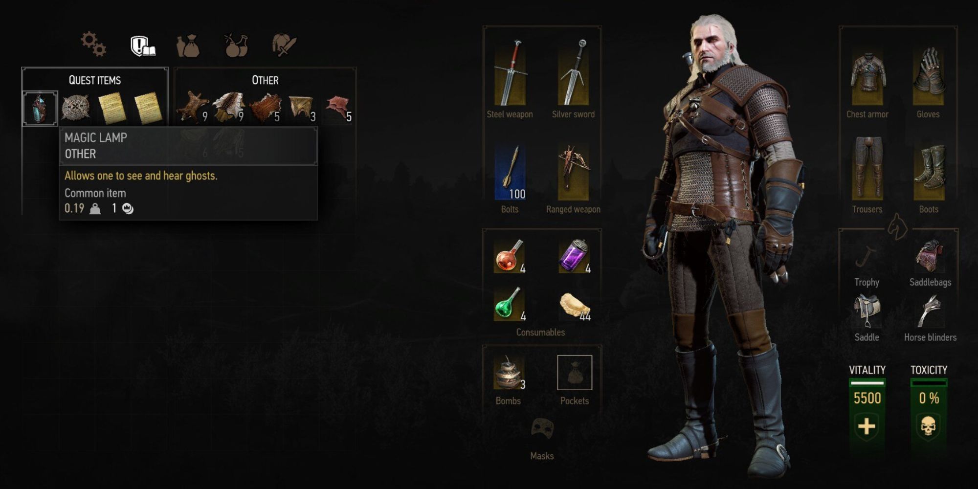 Inventory screen highlighting the Magic Lamp.