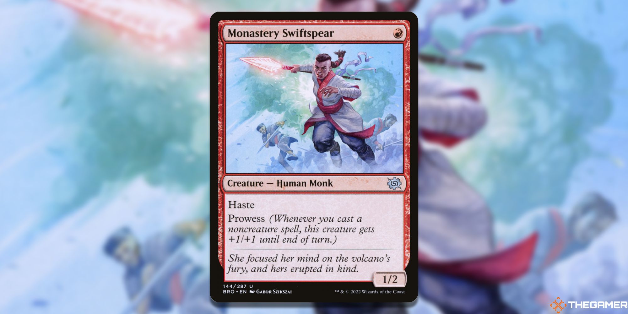 Image of the Monastery Swiftspear card in Magic: The Gathering, with art by Gabor Szikszai