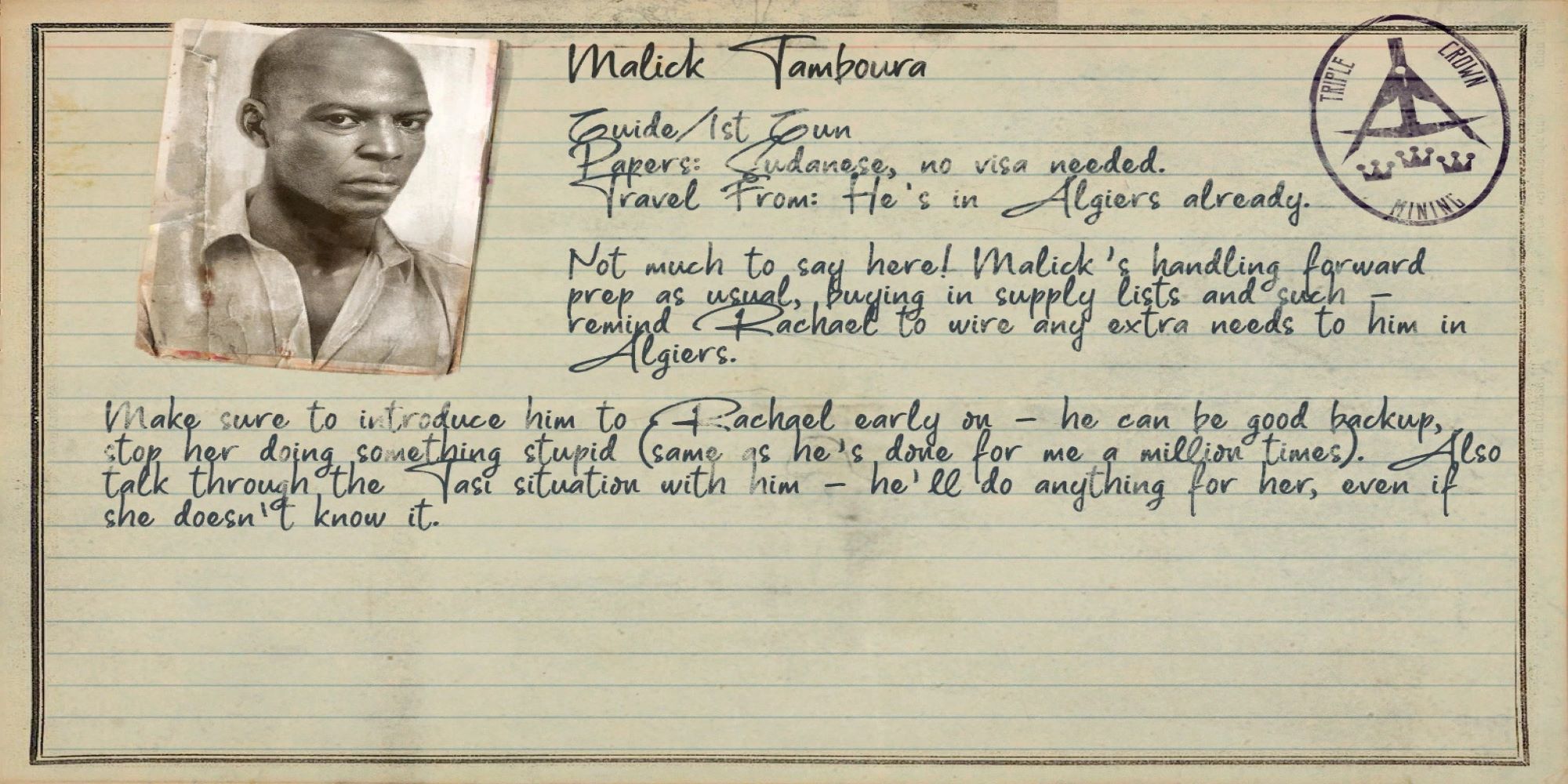 A screenshot of a dossier entry for Malick Tamboura showing key information in Amnesia: Rebirth