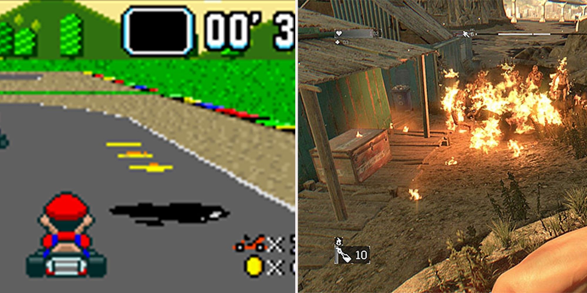 Mario Kart oil on the track and Dying Light lighting enemeis on fire