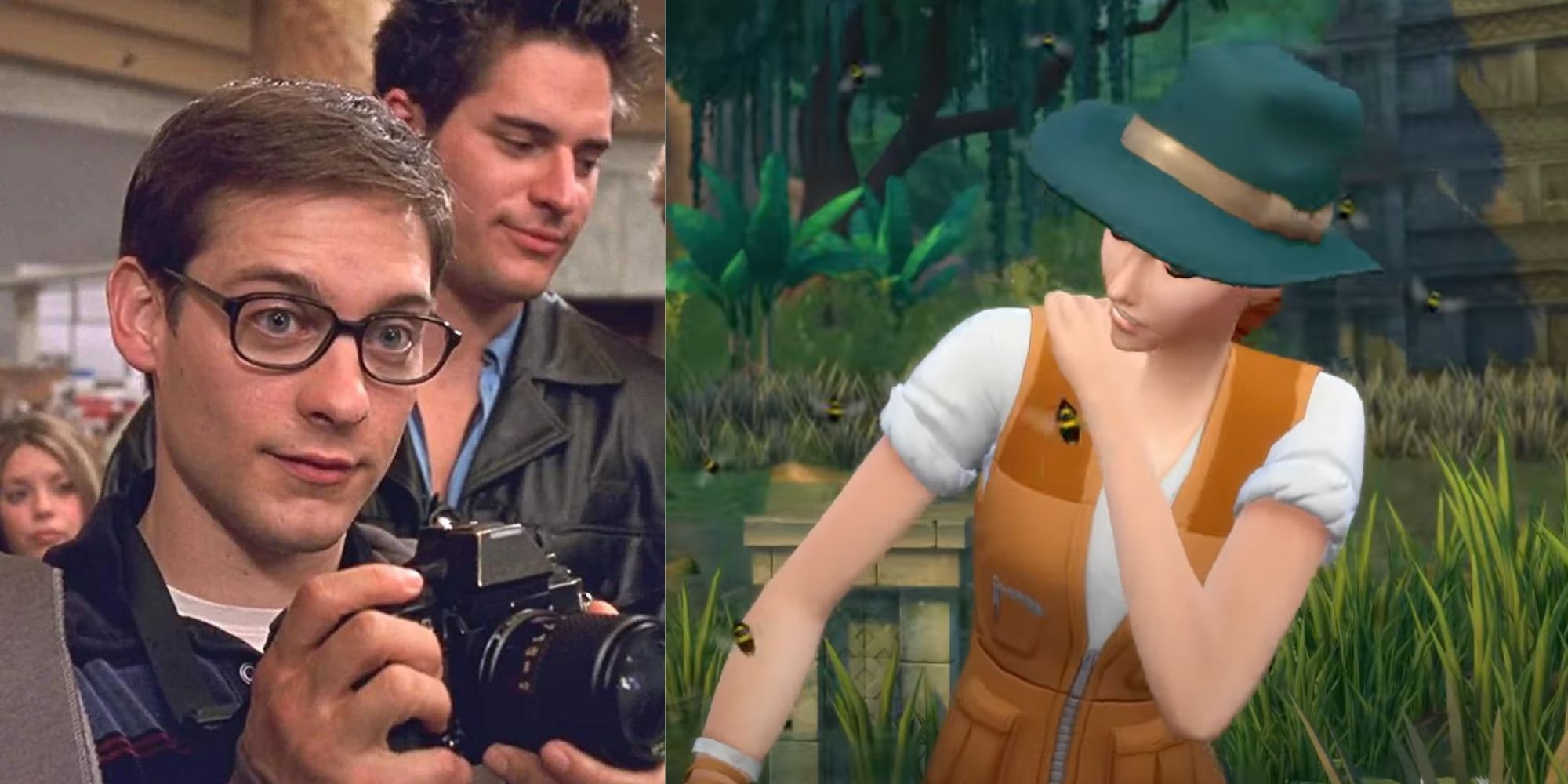 Scene from 2002's Spider-Man and Sims Brushing Off Bugs in Jungle