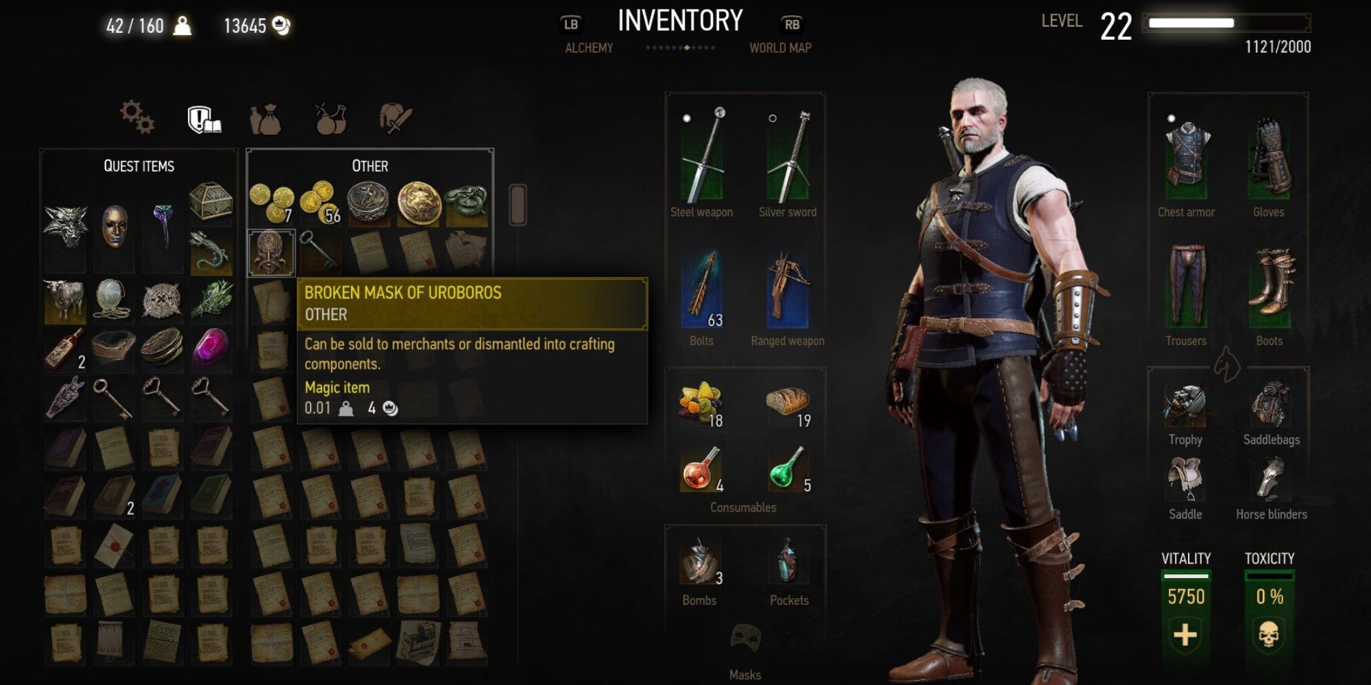 Inventory screen highlighting the Mask of Uroboros.