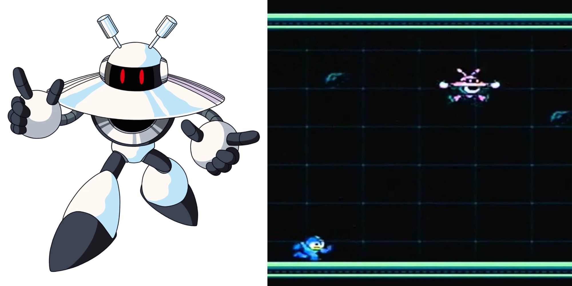 Mega Man Boss Galaxy Man Character Art And Boss Battle with Galaxy Man Hovering
