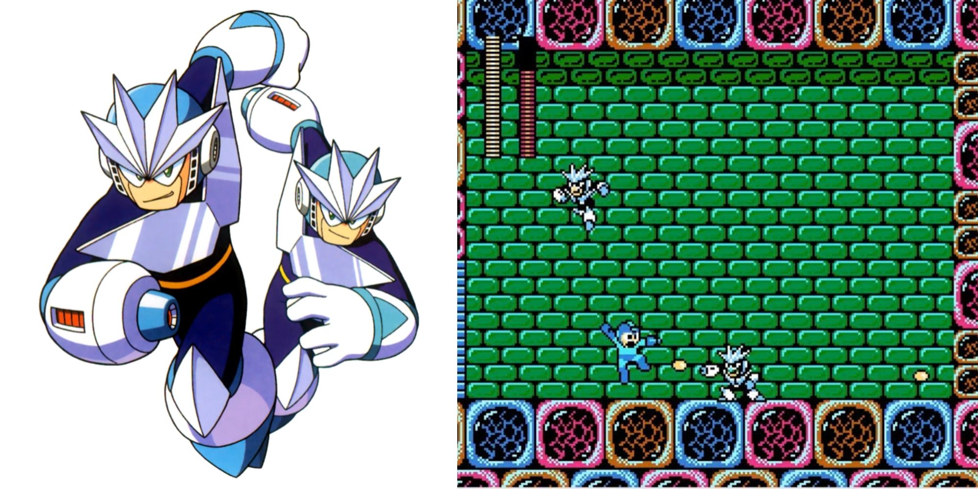Mega Man Boss Gemini Man Character Art and Boss Battle in Mega Man 3 with Clone Abilities
