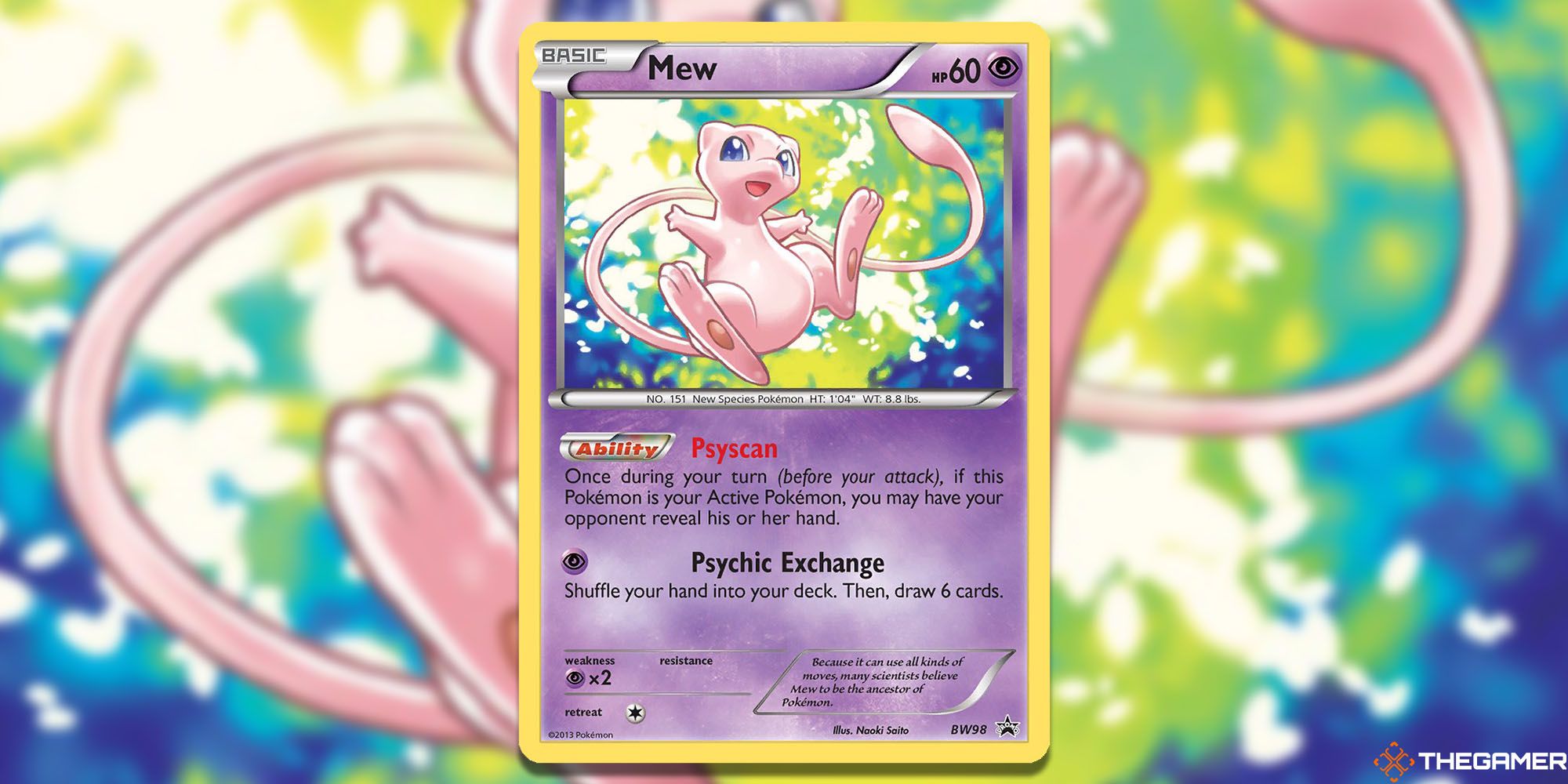 Mew (Black & White Promos #BW98) Pokemon TCG -  Mew smiling with its arms outstretched on a blue and green background.