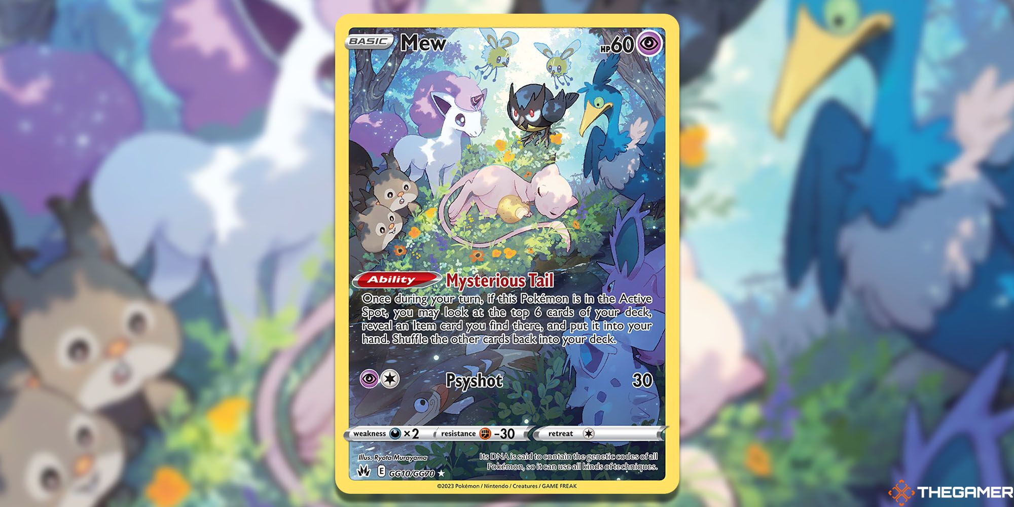 Mew (Crown Zenith #GG10) Pokemon TCG -  Mew in a forest surrounded by Galarian Ponyta, Skwovet, Rookidee, Cramorant, Cutiefly, and Pokemon.