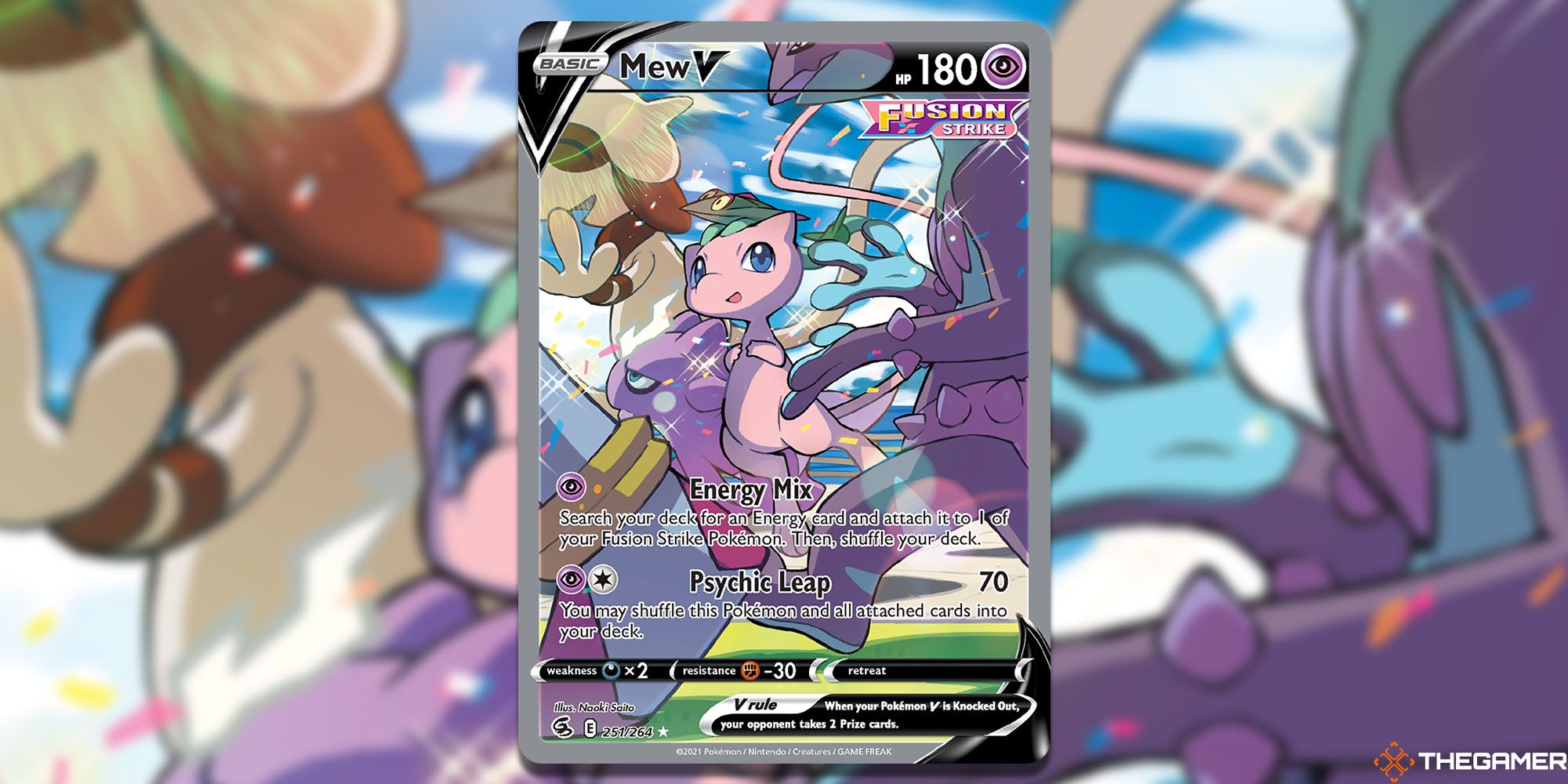Mew V (Fusion Strike #251) Pokemon TCG -  Mew in a forest surrounded by Galarian Ponyta, Skwovet, Rookidee, Cramorant, Cutiefly, and Pokemon.