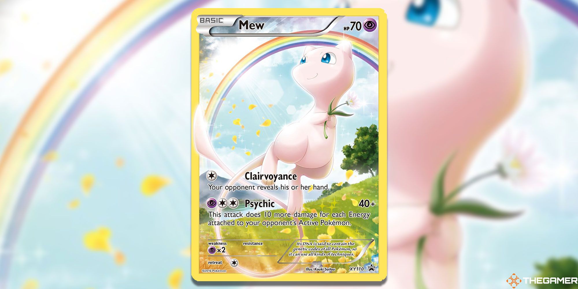 Mew (XY Promos #XY110) Pokemon TCG -  Mew carrying a white flower in front of a rainbow.