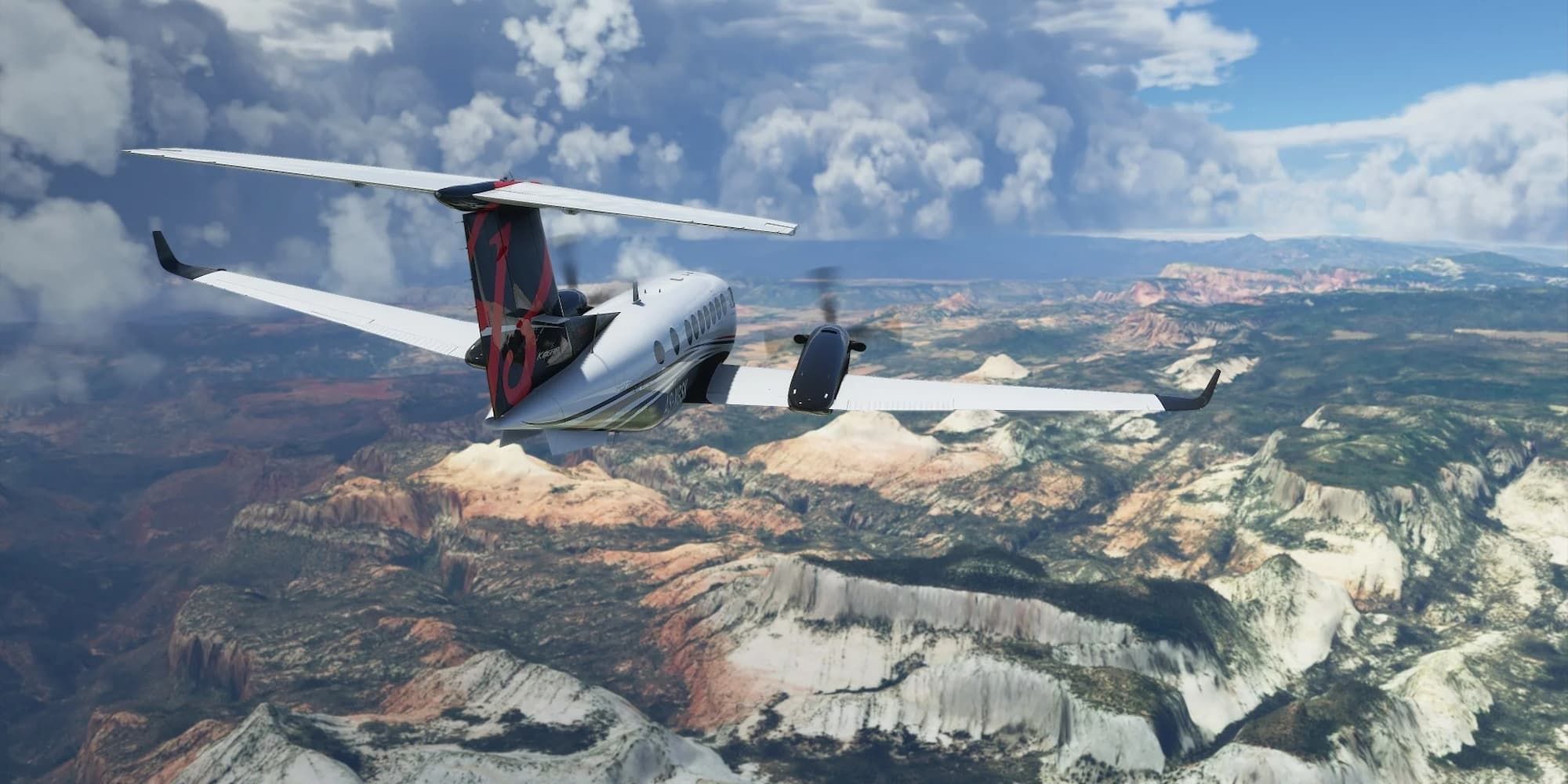 A plane flies over a mountain range with what appears to be a storm moving in, inMicrosoft Flight Simulator