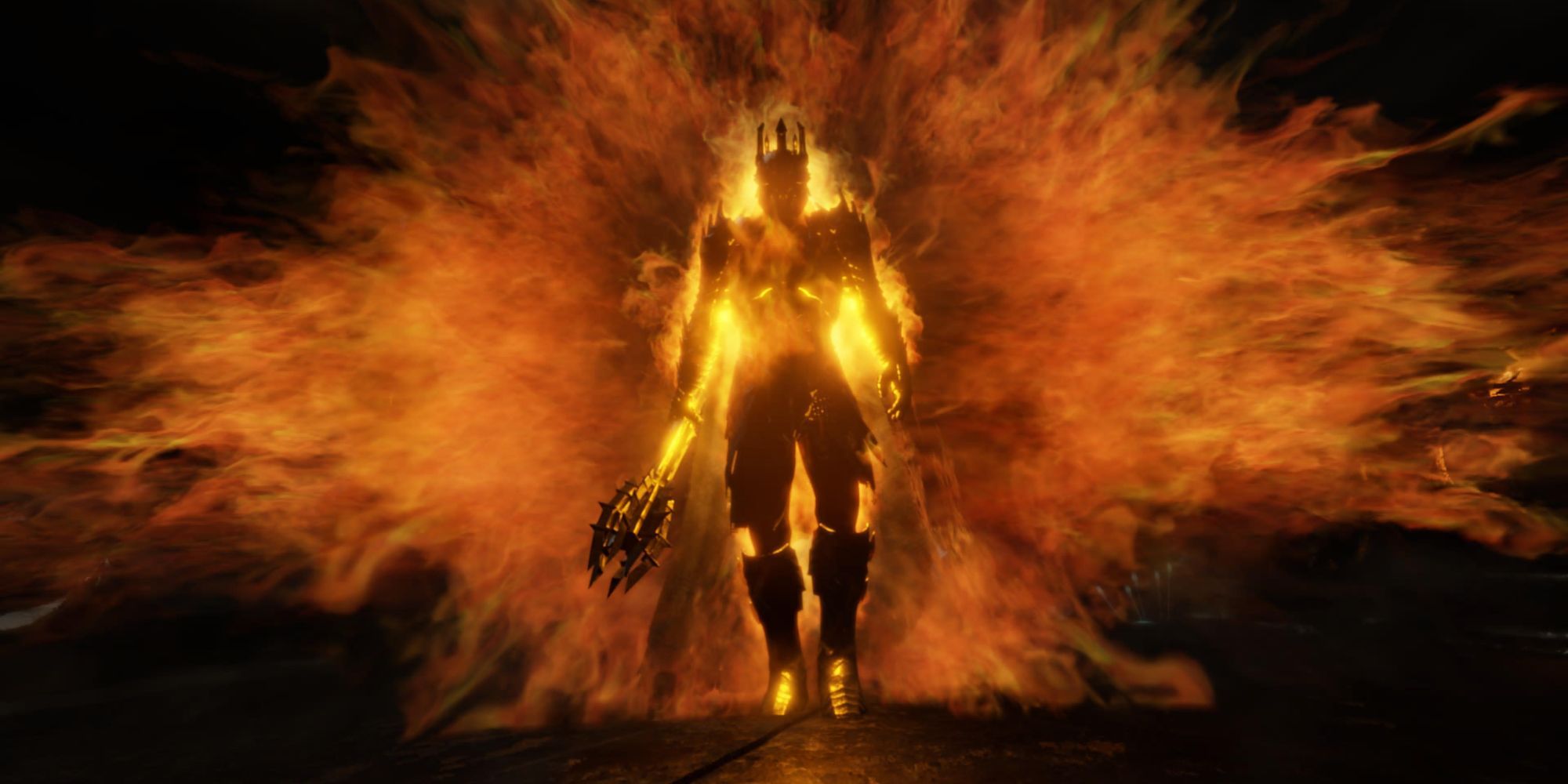 Sauron wears his iconic armour and uses his mace in the during the fight.
