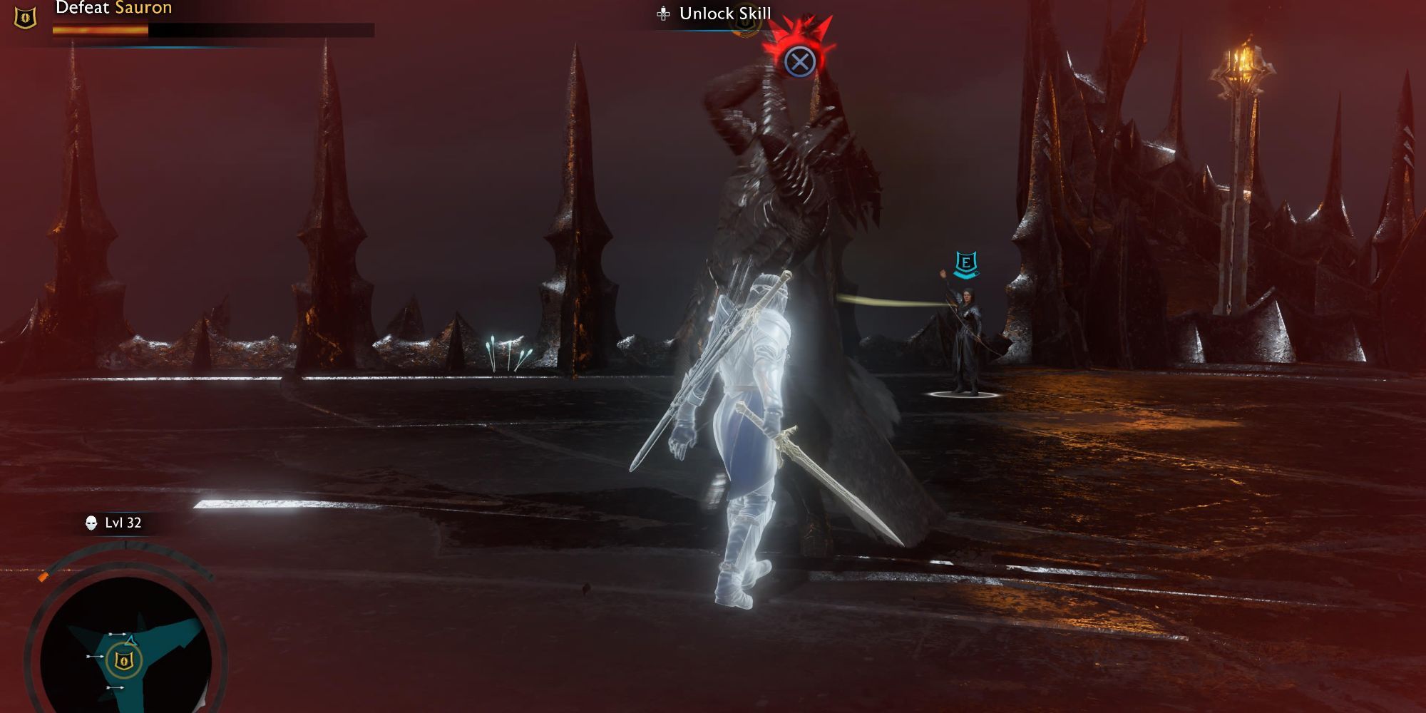 Sauron swings his mace around with the prompt to dodge the attack above his head