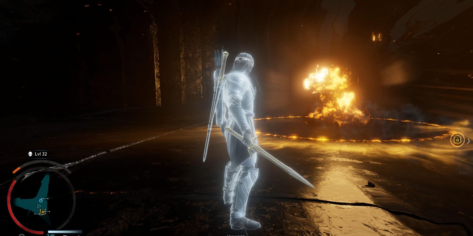 Sauron uses the same AoE attack from earlier, pushing a ring of fire from his location