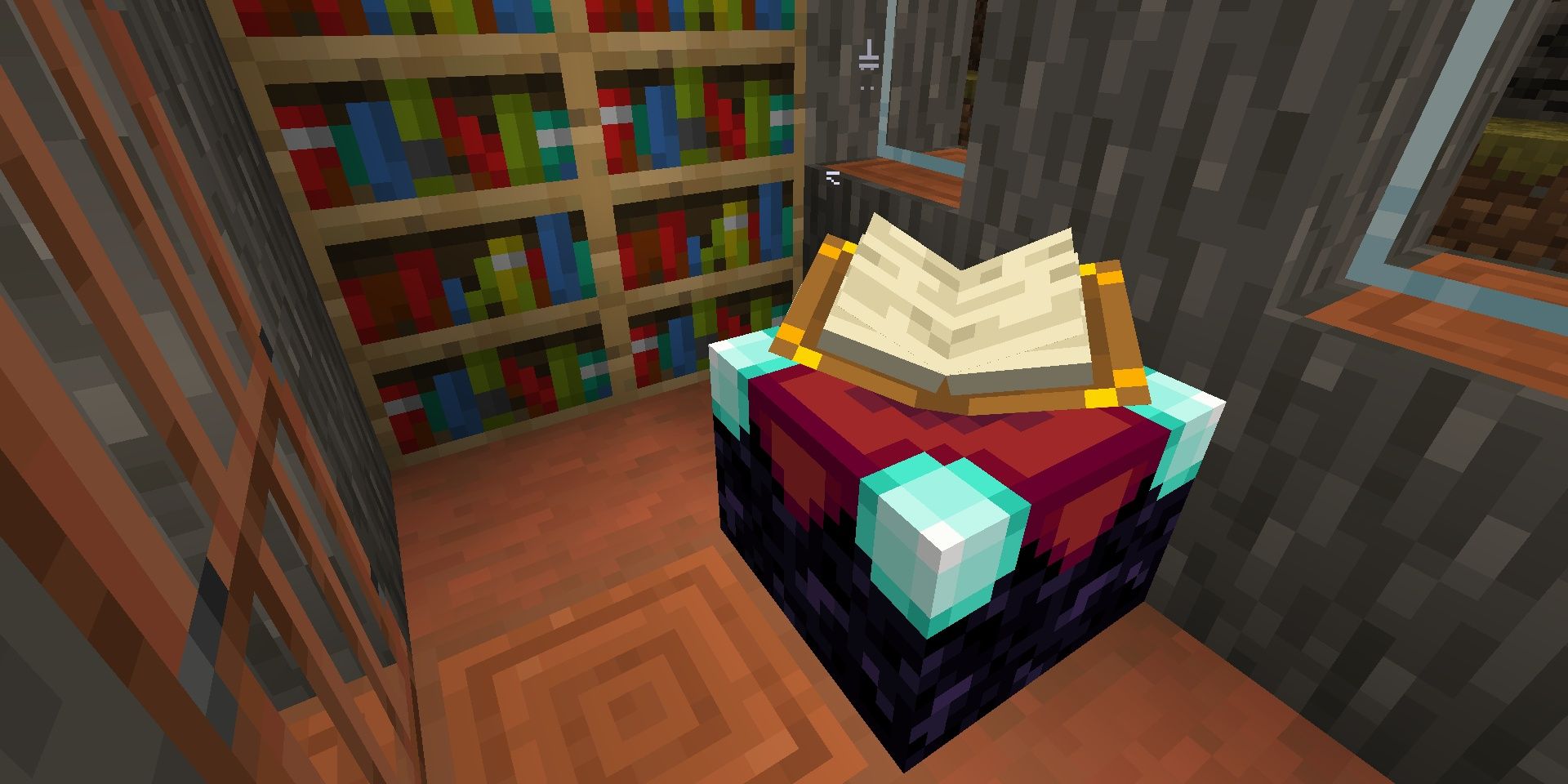 An enchanting table sitting in front of bookshelves as written characters float into the book in Minecraft