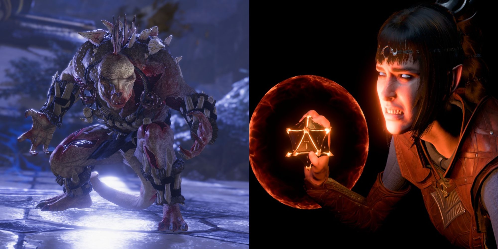 monster in solasta next to image of shadowheart using a spell in baldurs gate 3