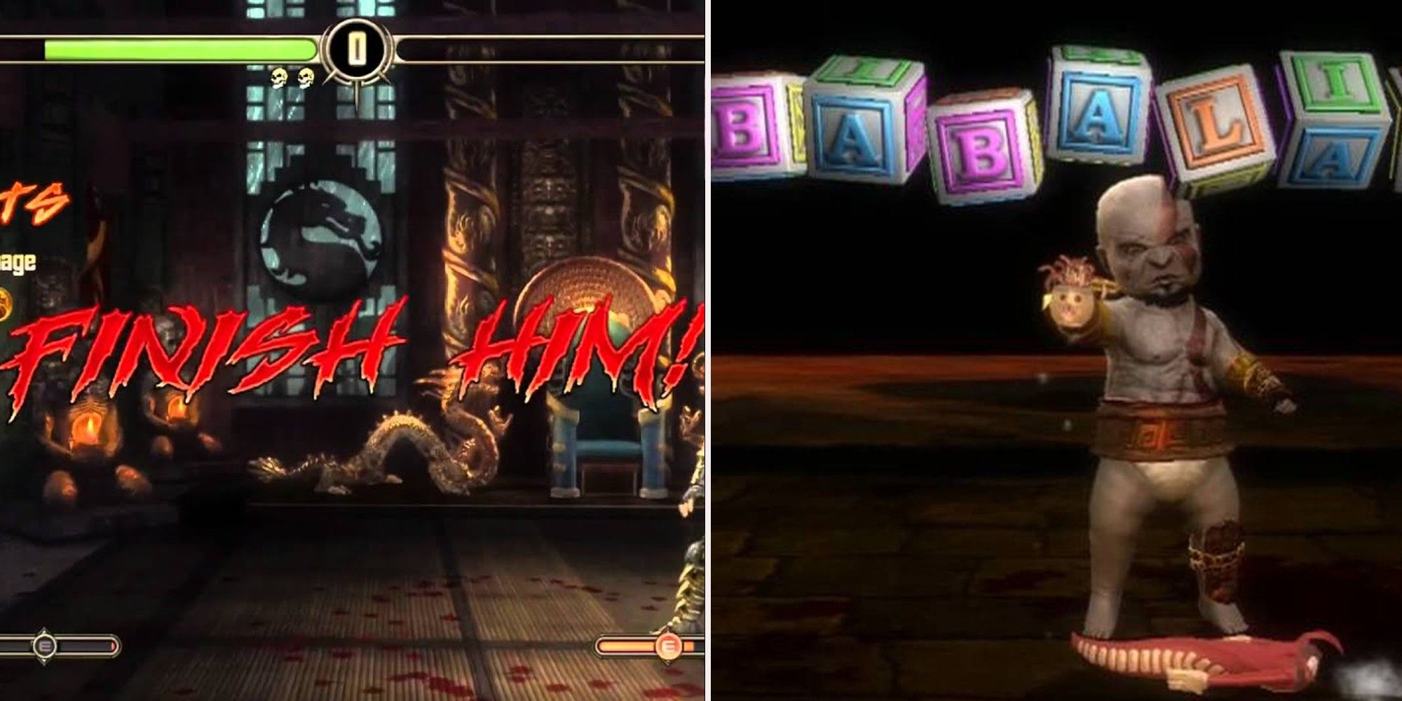 Mortal Kombat 9 - Finish Him screen and Kratos Babality