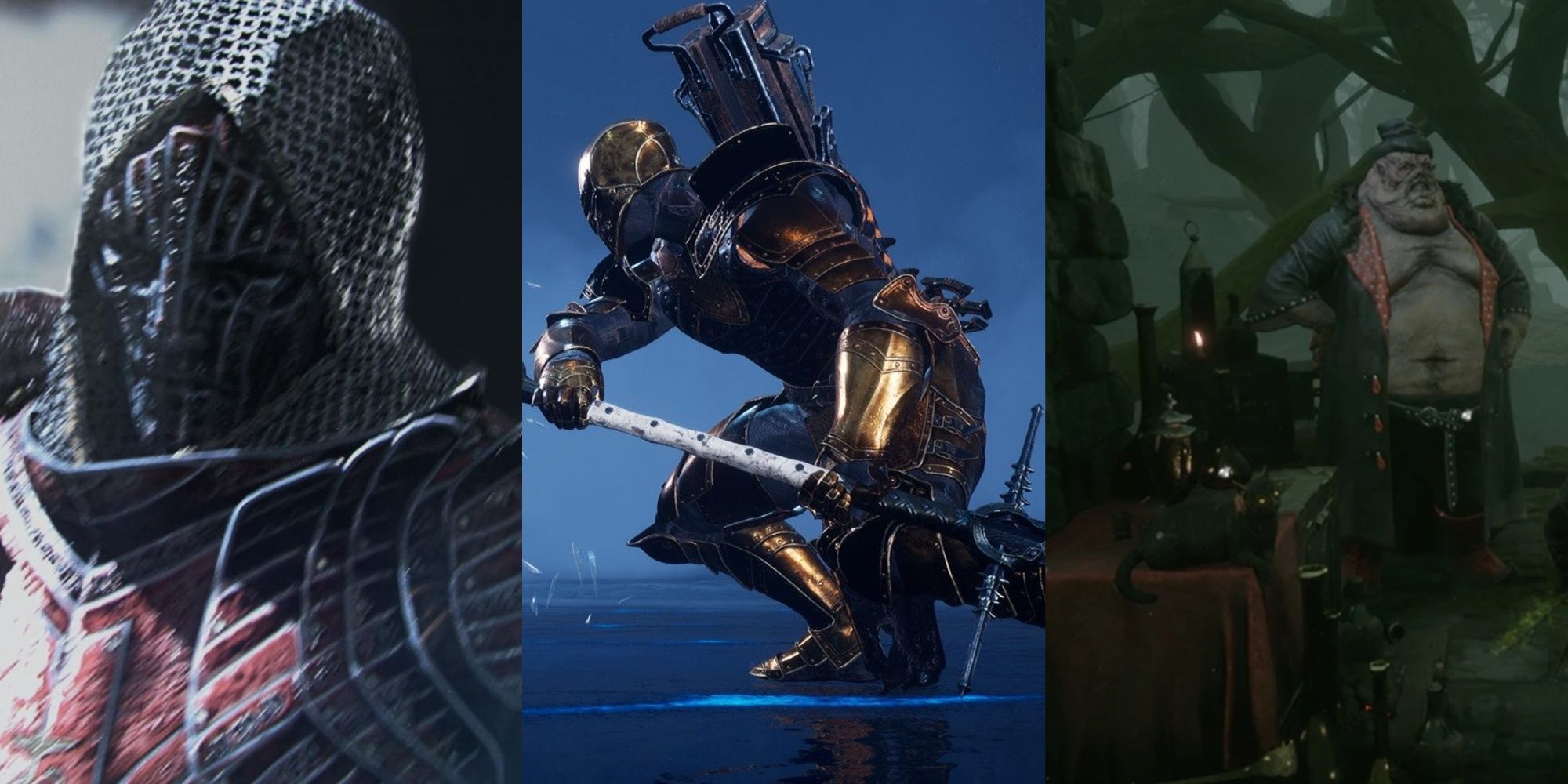 Mortal shell collage image of Solomon's shell (left), Harros' shell (center), and Vlas the merchant (right)