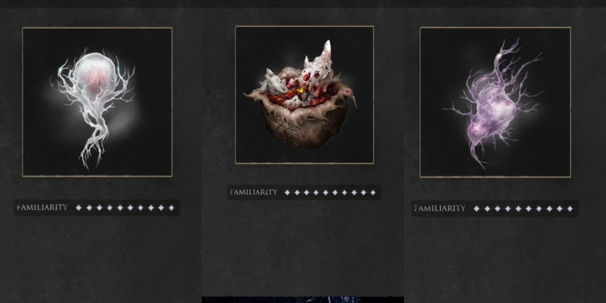 Mortal Shell collage featuring the glimpse of affection (left), a slurry of tar (center), and a glimpse of cowardice (right)