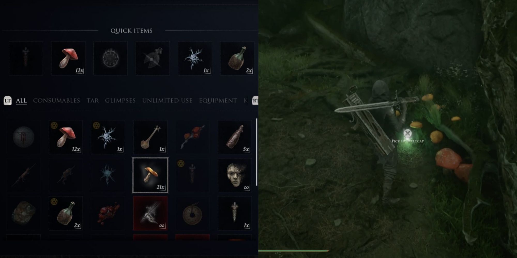 Mortal shell screenshot of the inventory (left) and the main character being prompted to pick up a weltcap (right)
