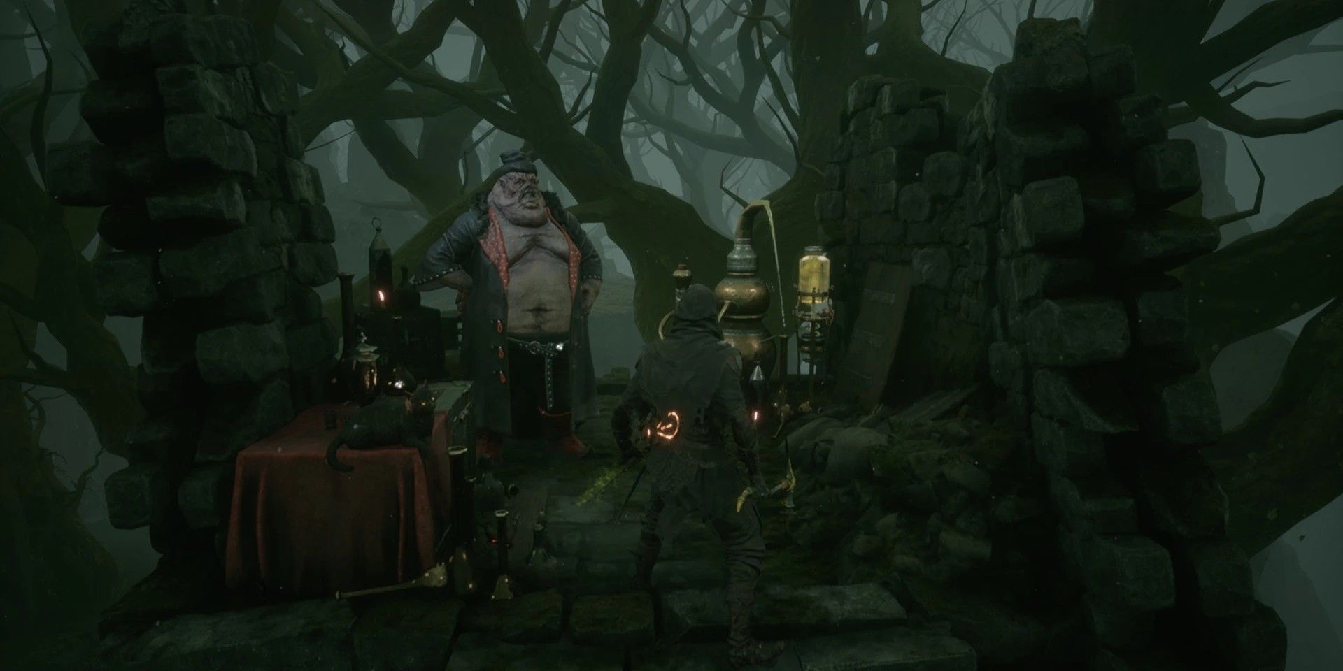 Mortal Shell screenshot of Vlas the merchant standing in front of the player