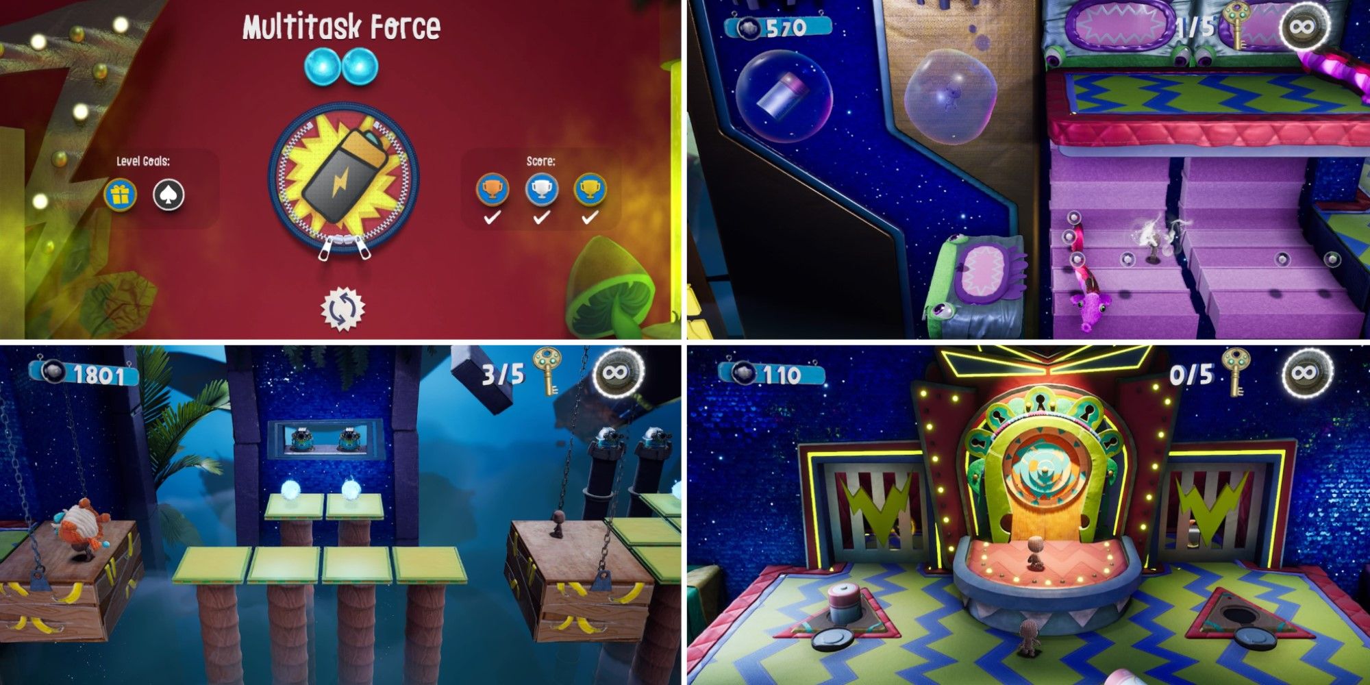 Four screenshots from the level Multitask Force in Sackboy: A Big Adventure.