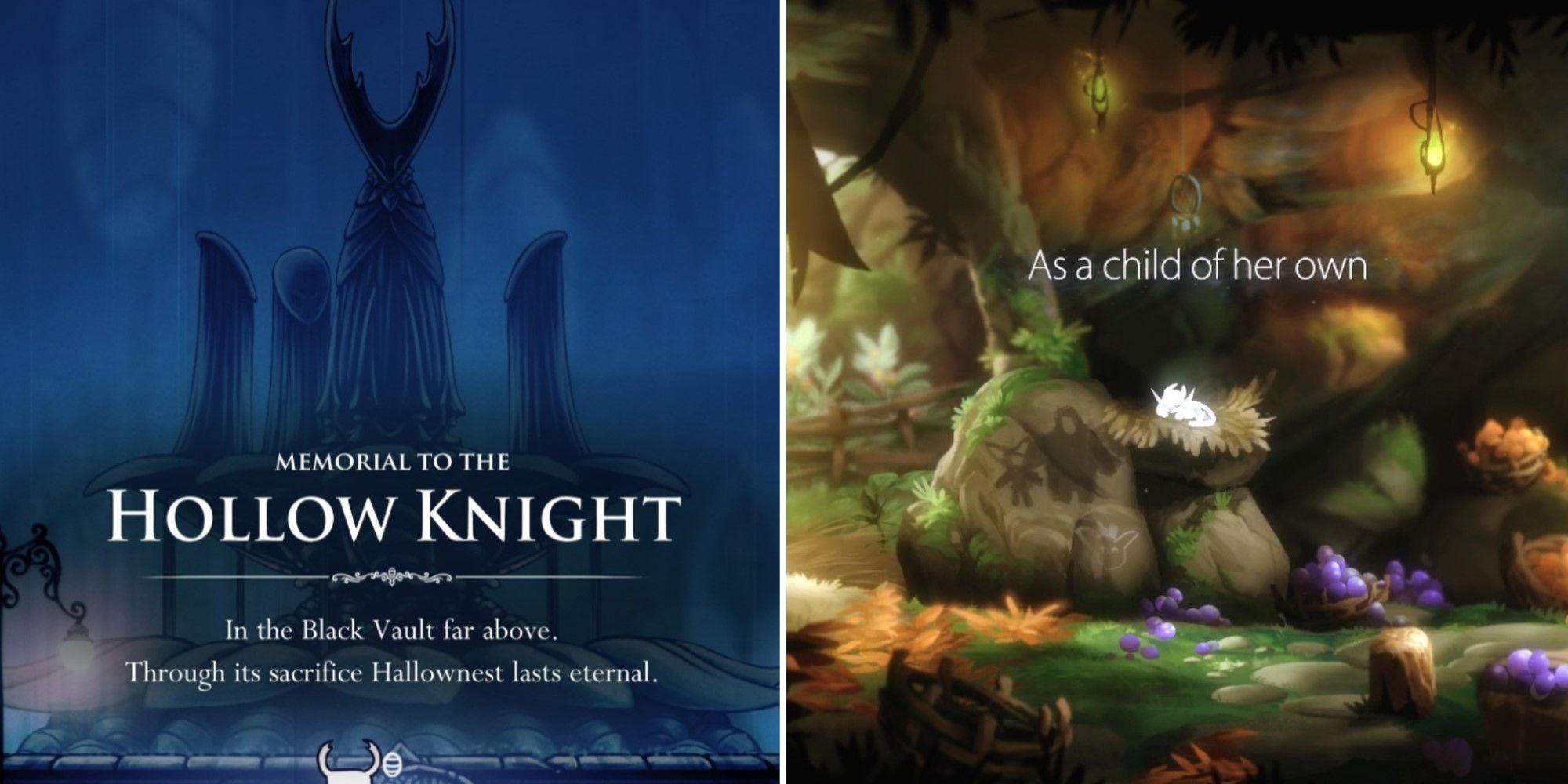 Two screenshots showing story delivery in Hollow Knight and Ori and the Blind Forest.