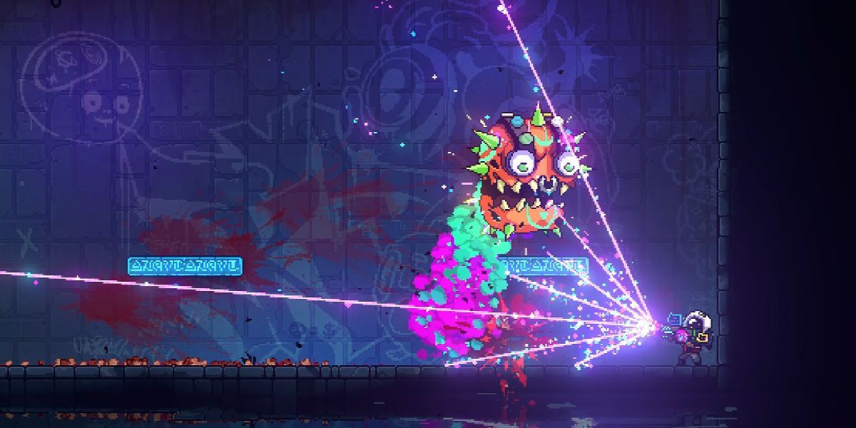 Neon Abyss gameplay screenshot of protagonist shooting pink lasers at an enemy