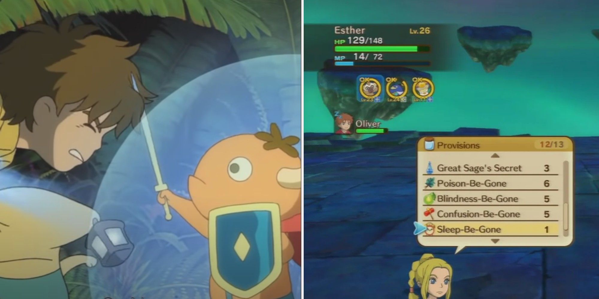 Ni No Kuni Oliver being bonked by a mite and Ester getting ready to cast Confusion-be-gone