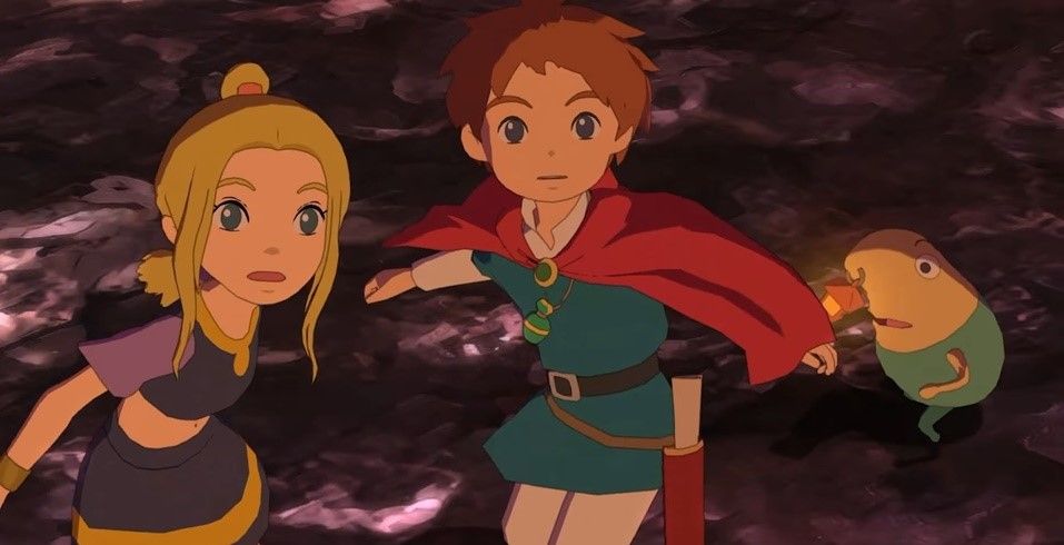 Oliver, Esther, and Drippy from Ni no Kuni: Wrath of the White Witch in an action pose.
