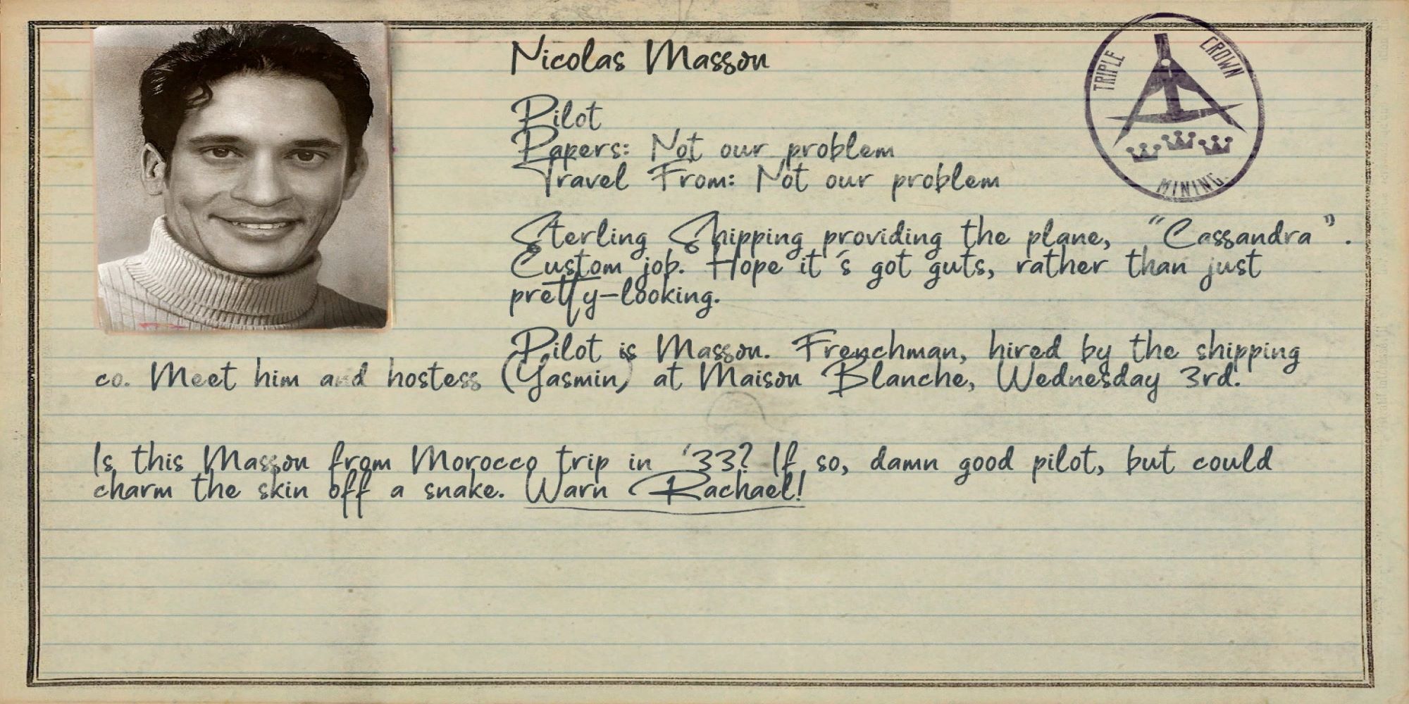 A screenshot of a dossier entry for Nicolas Masson showing key information in Amnesia: Rebirth