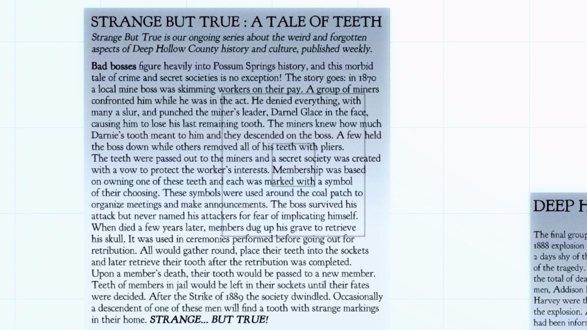 A Tale of Teeth news clipping from the library, telling of a tooth cult in Night in the Woods