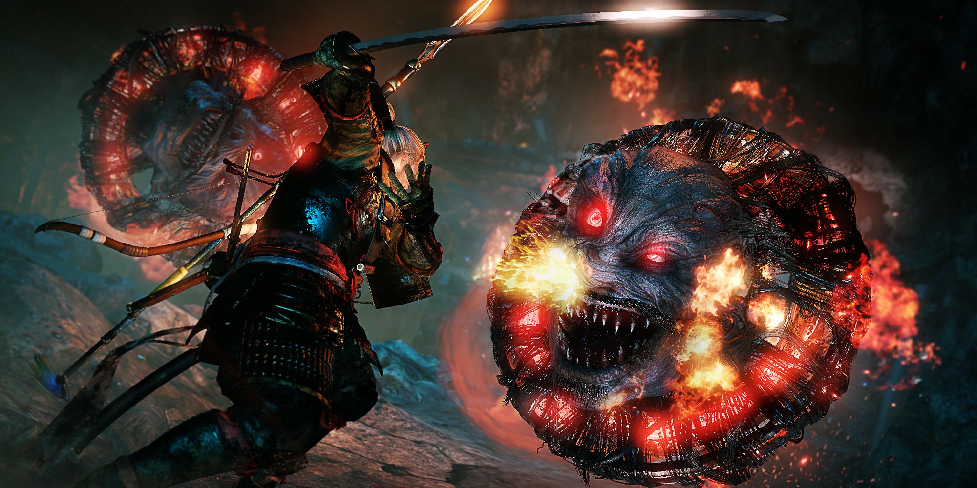 The main character in Nioh attacks a Fire Yokai