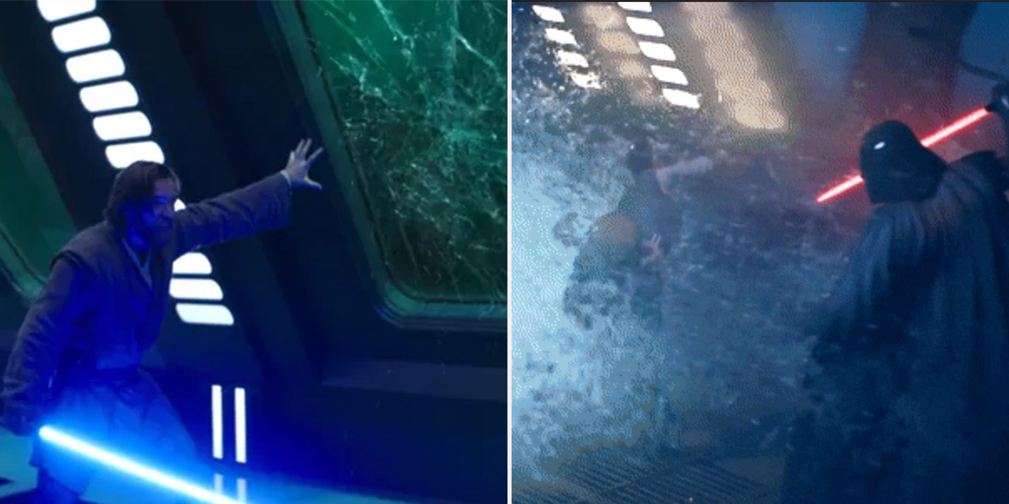Obi Wan using the force to hold back the water behind the broken glass of an underwater window AND Cal using the glass in the same way to escape vader and the fortress inquitoruis in Starwars Jedi Fallen order