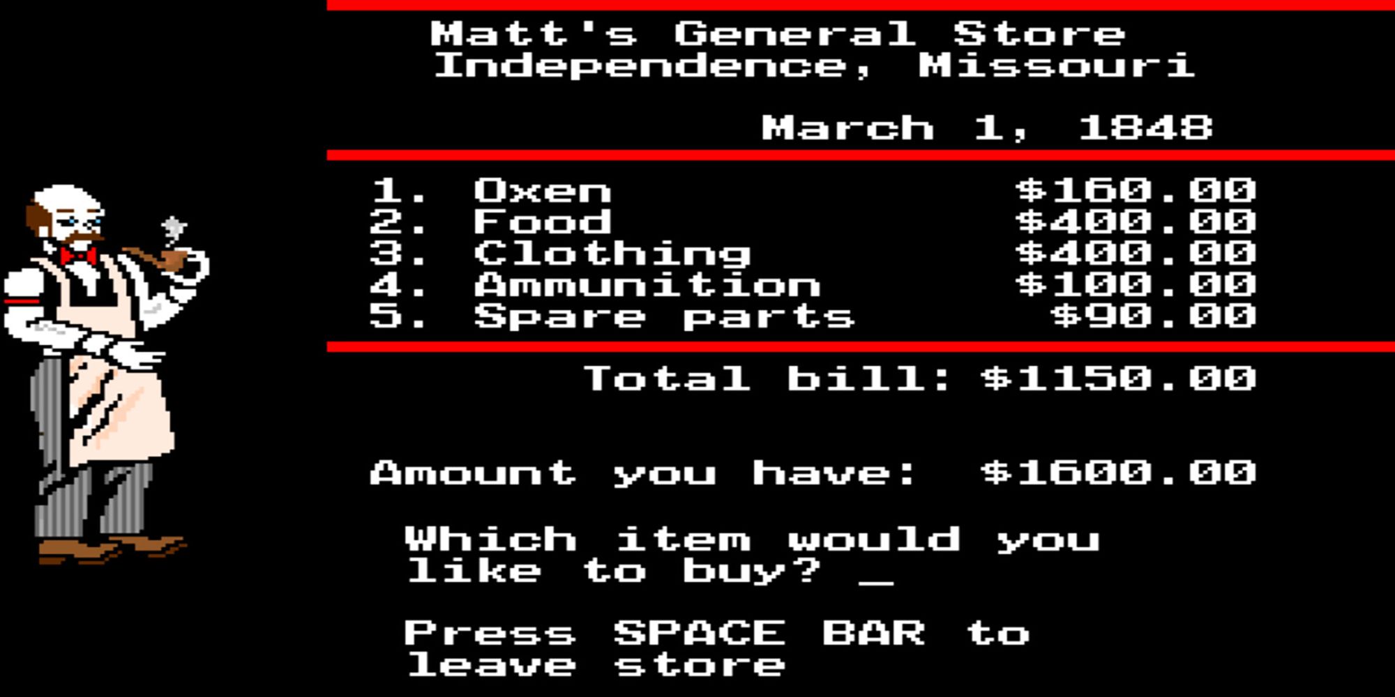 Matt smokes a pipe while you peruse through his shop, located in Independence, Missouri, in The Oregon Trail.
