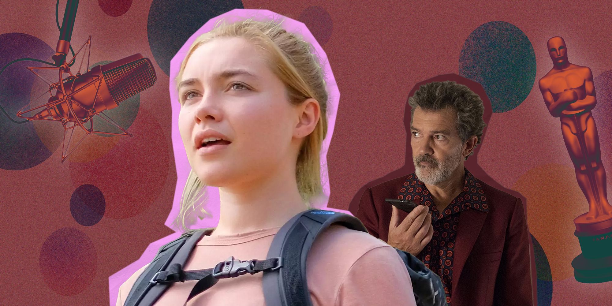 Florence Pugh and Antonio Banderas with a mic and an Oscar statuette