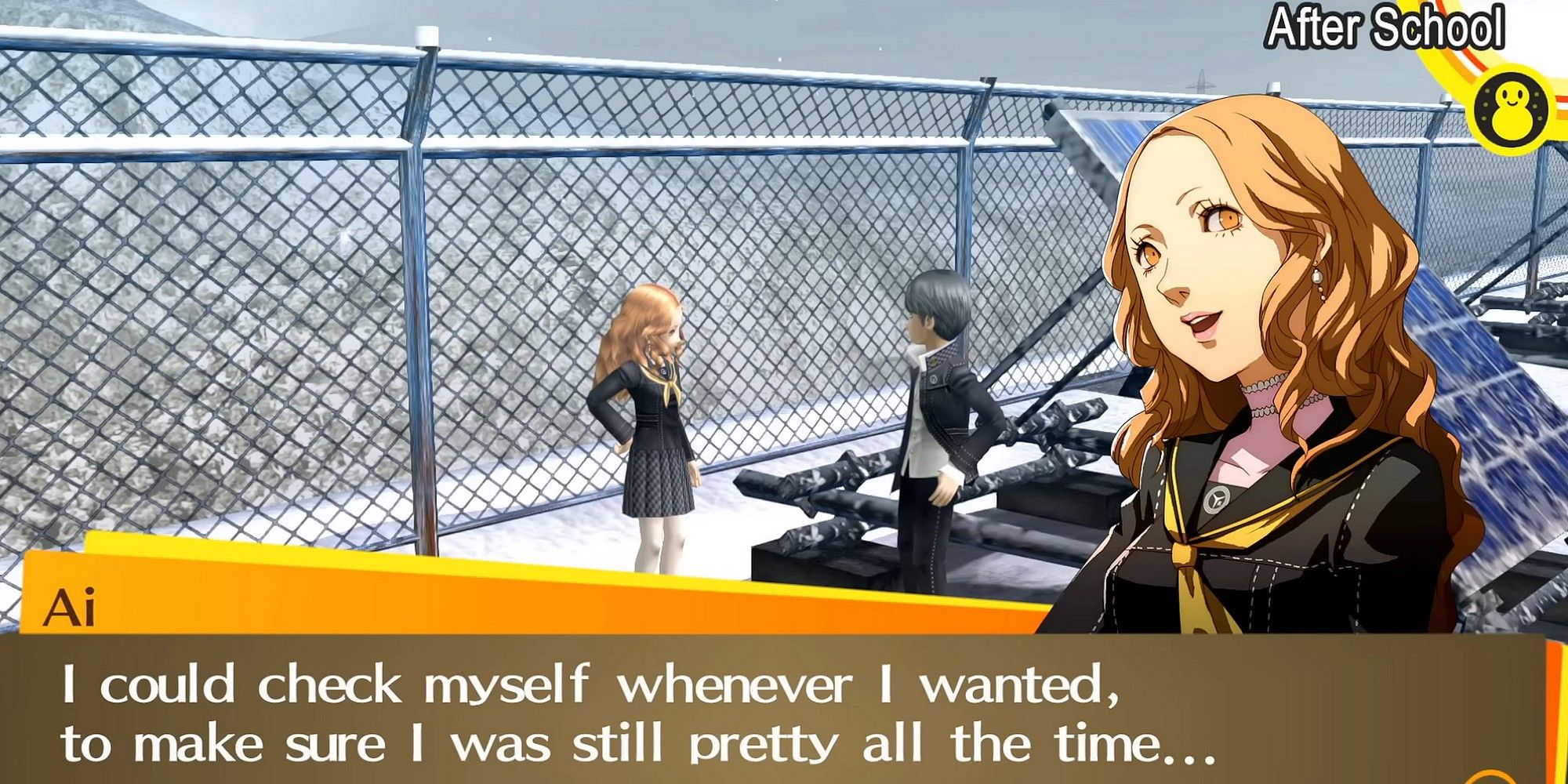 Ai and Yu on the roof in the snow in Persona 4 Golden.