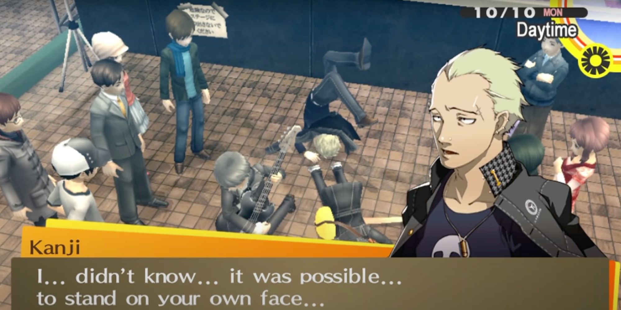 Persona 4 Golden Kanji face planting stage dive