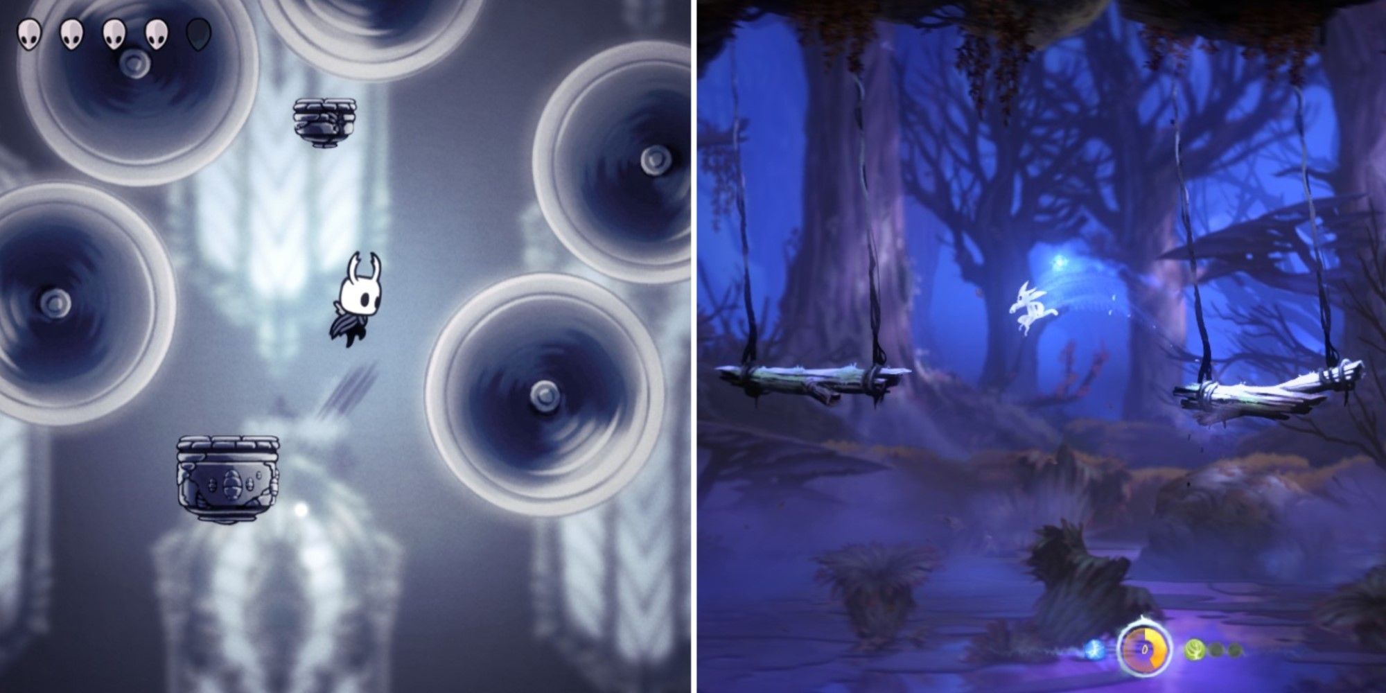 Two screenshots of platforming scenarios in Hollow Knight and Ori and the Blind Forest.