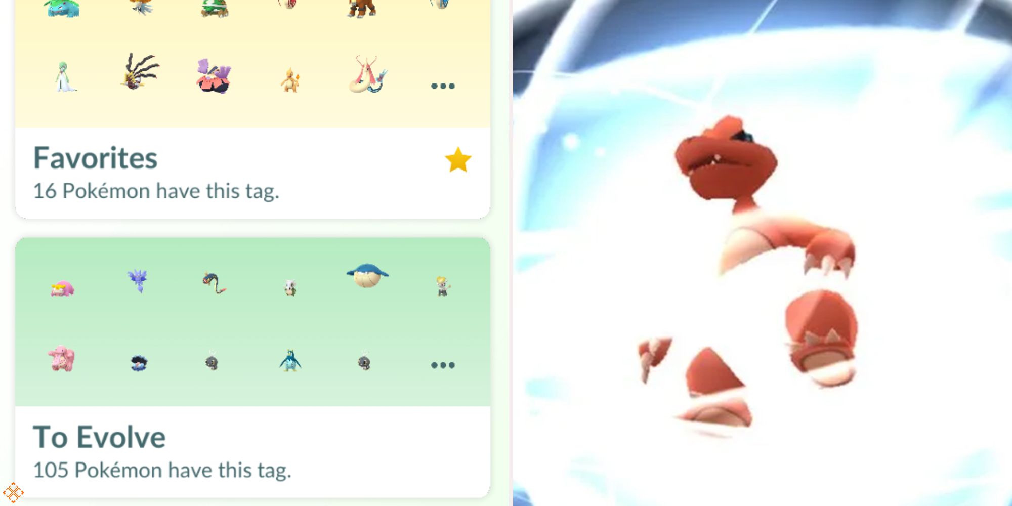 Pokemon Go - tags on left, pokemon evolving on right