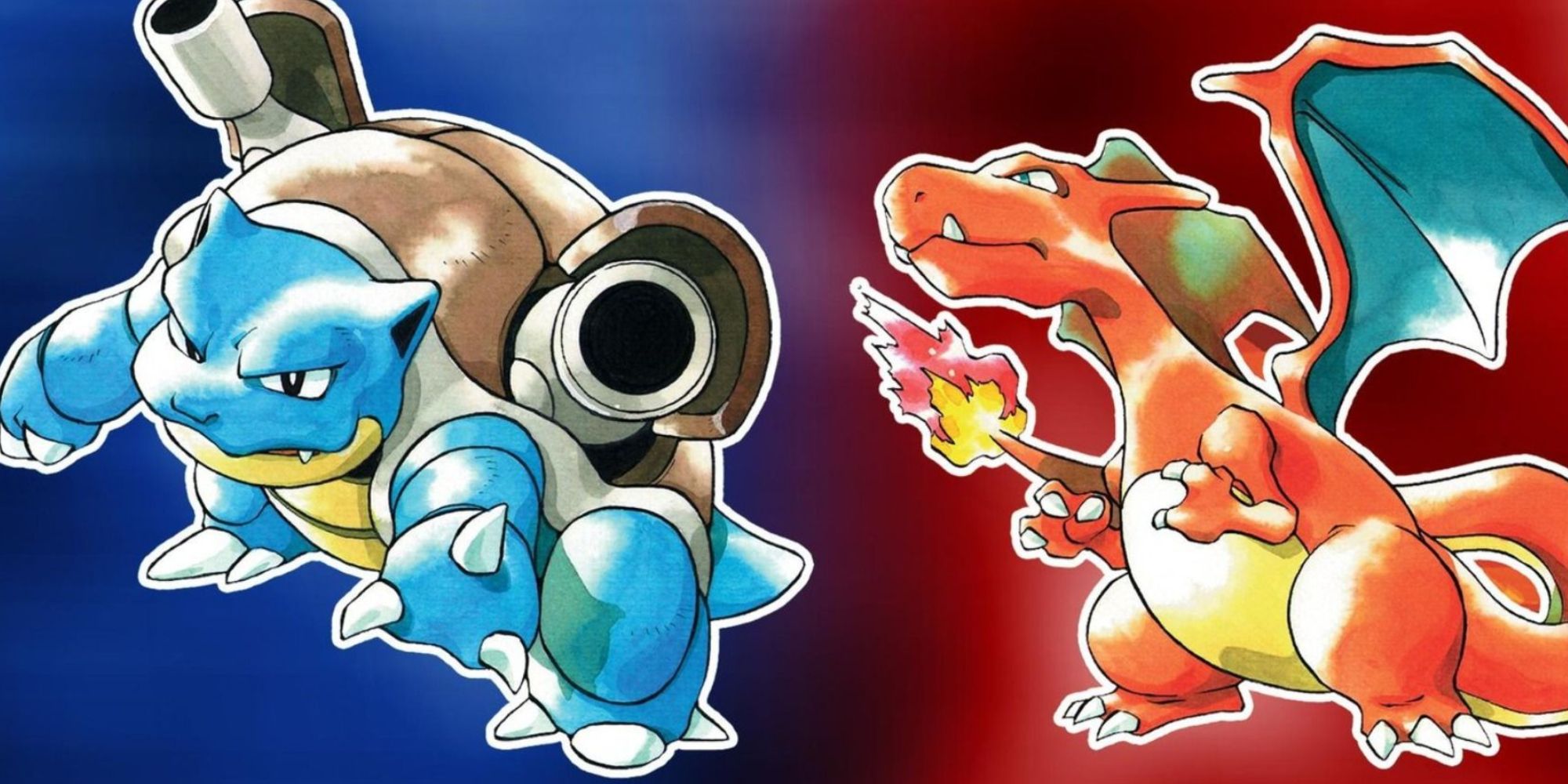 An with a Blue into Red gradient, with Blastoise on the left (blue) side, and Charizard on the right (red) side. This represents the two cover arts for the Pokemon Red and Blue games.