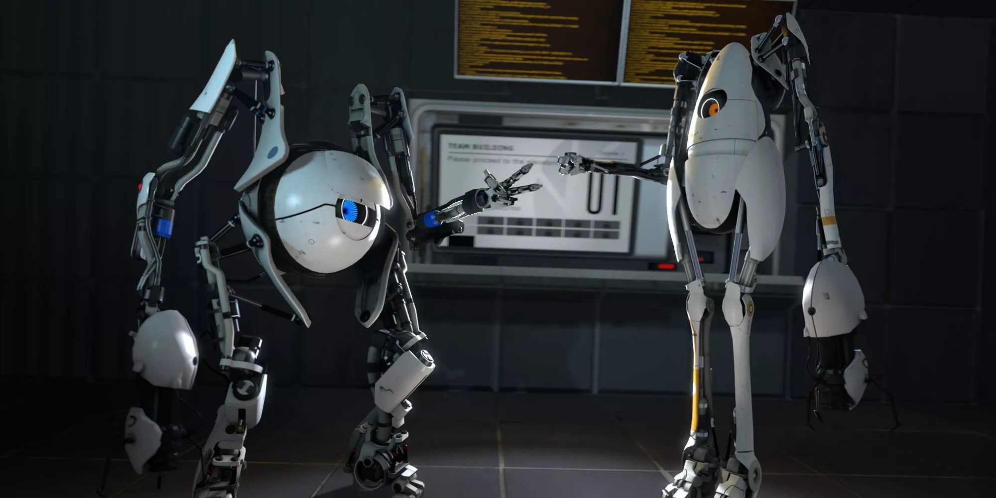 Portal 2: Two robots playing Rock Paper Scissors in front of computer screens.