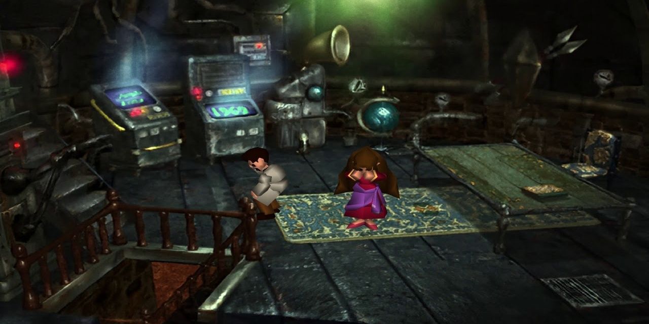 Professor Gast interviewing Ifalna inside his lab in Icicle Inn in Final Fantasy 7
